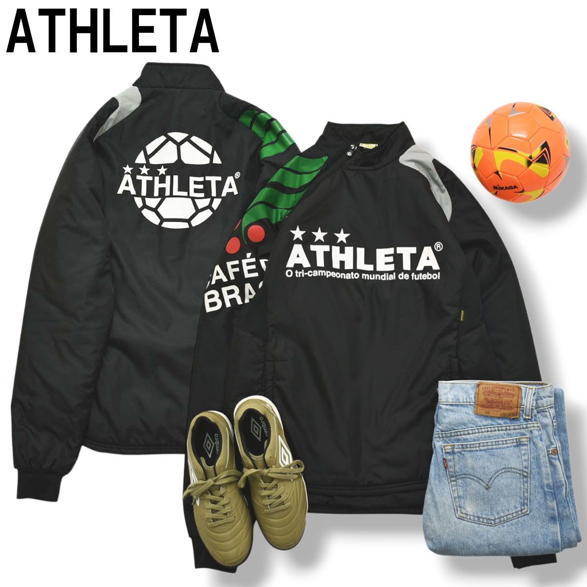 【定番】 アスレタ ATHLETA 中綿 プルオーバー ウィンド ジャケット ピステ ジャンパー ウィンドブレーカー ロゴ プリント L ブラック サッカー スポーツ ウェア メンズ