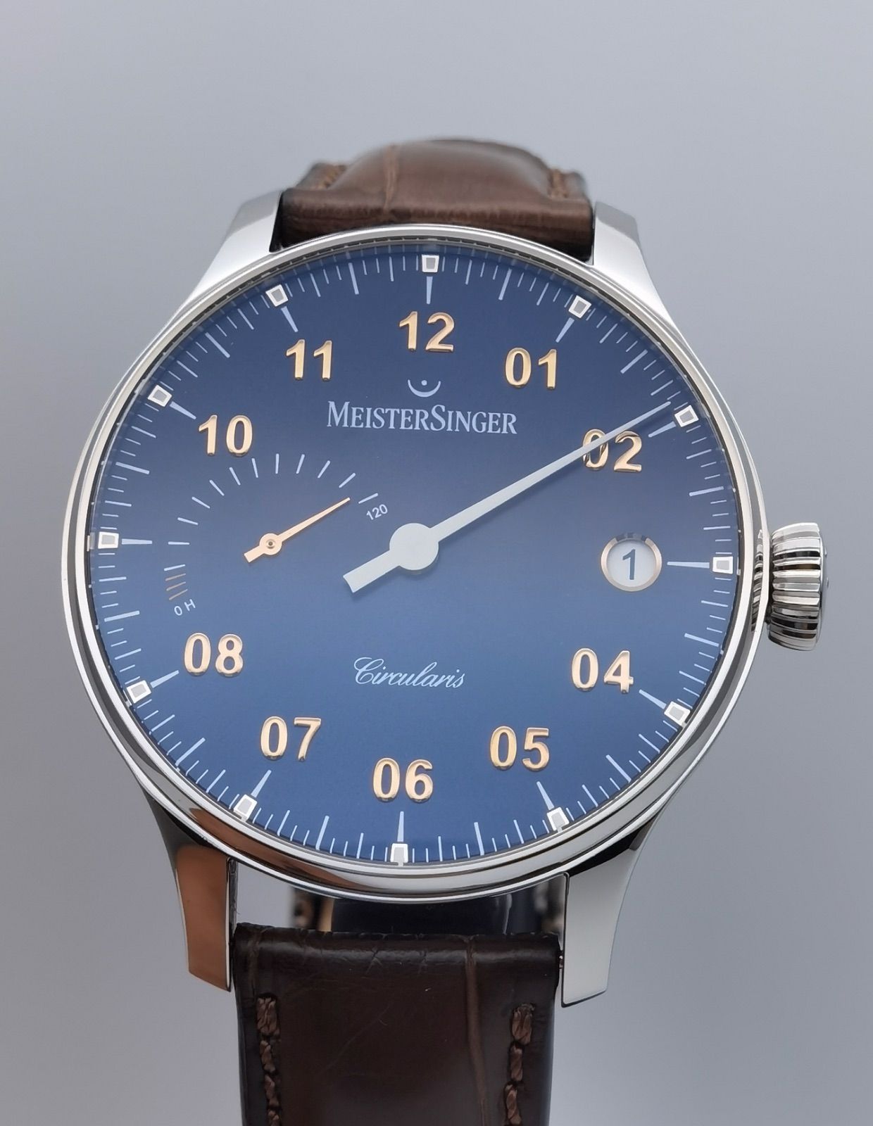 美品 マイスタージンガー MEISTER SINGER シルキュラリス CCP317G パワーリザーブ デイト SS ダークブルーグレー文字盤 手巻 メンズ 腕時計