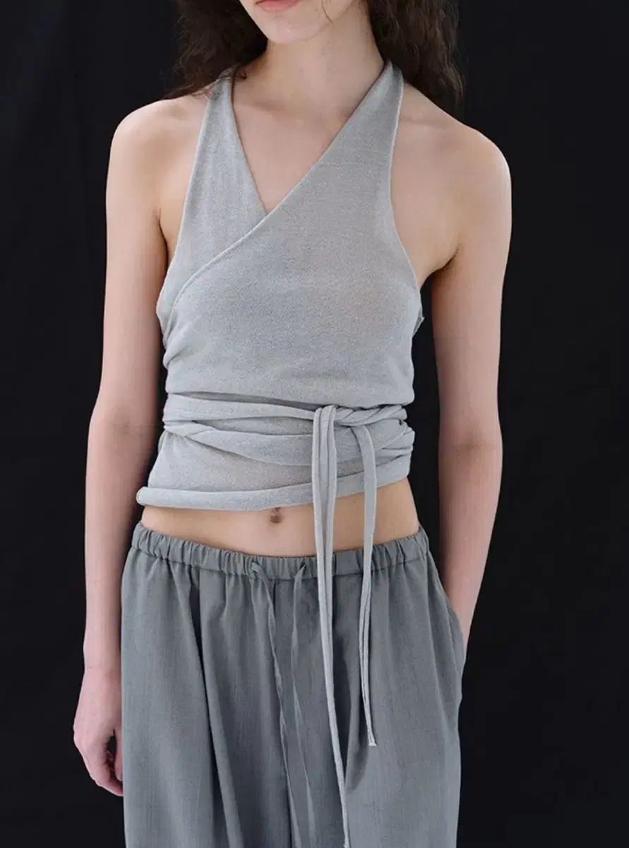 REPOS リポス リネン ホルターネック ニット トップス ライト グレー