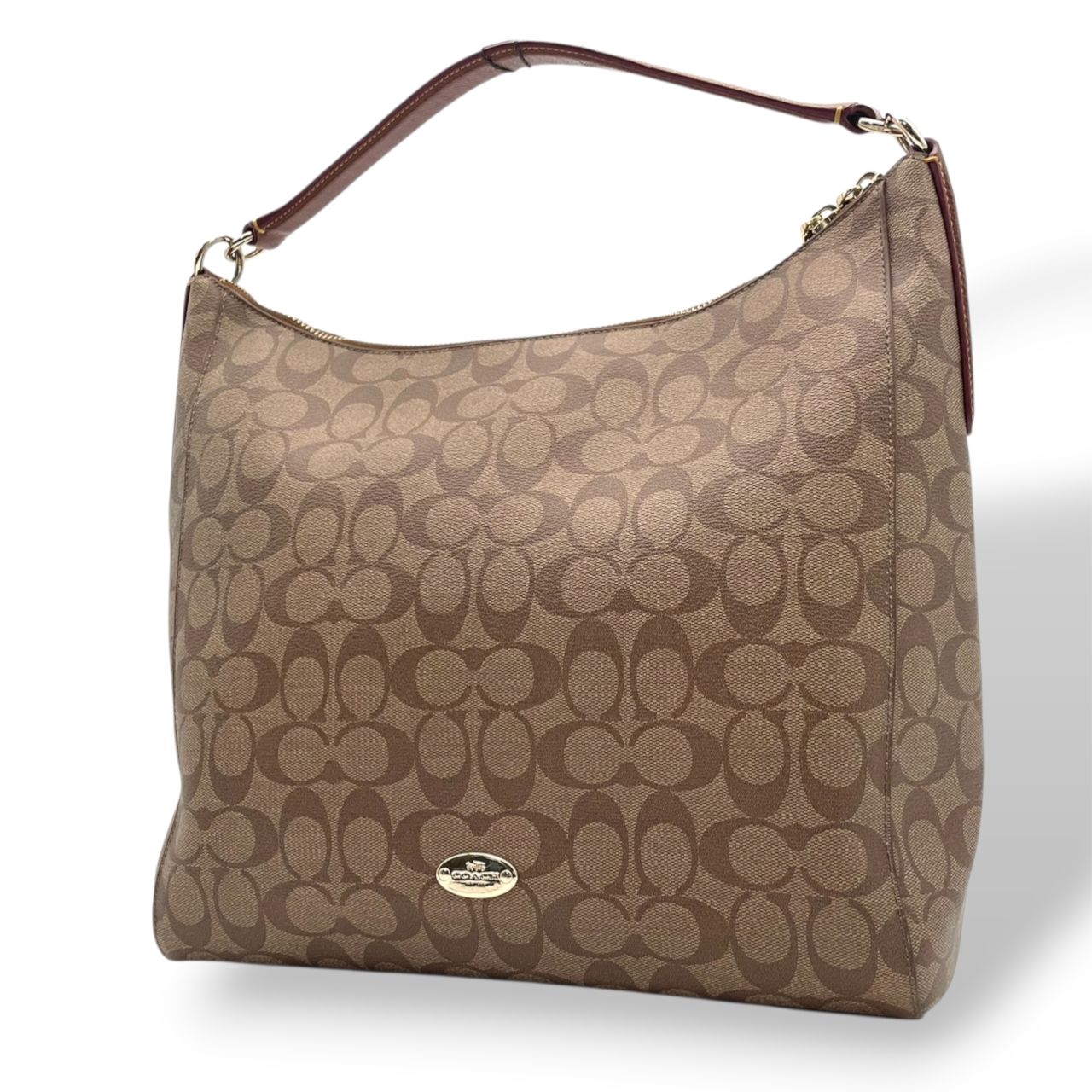美品 コーチ COACH シグネチャー セレスト コンバーチブル ホーボー PVCキャンバス カーキ ブラウン レザー ショルダーバッグ レディース F34910 通勤 大容量 ゴールド金具 中古 U3