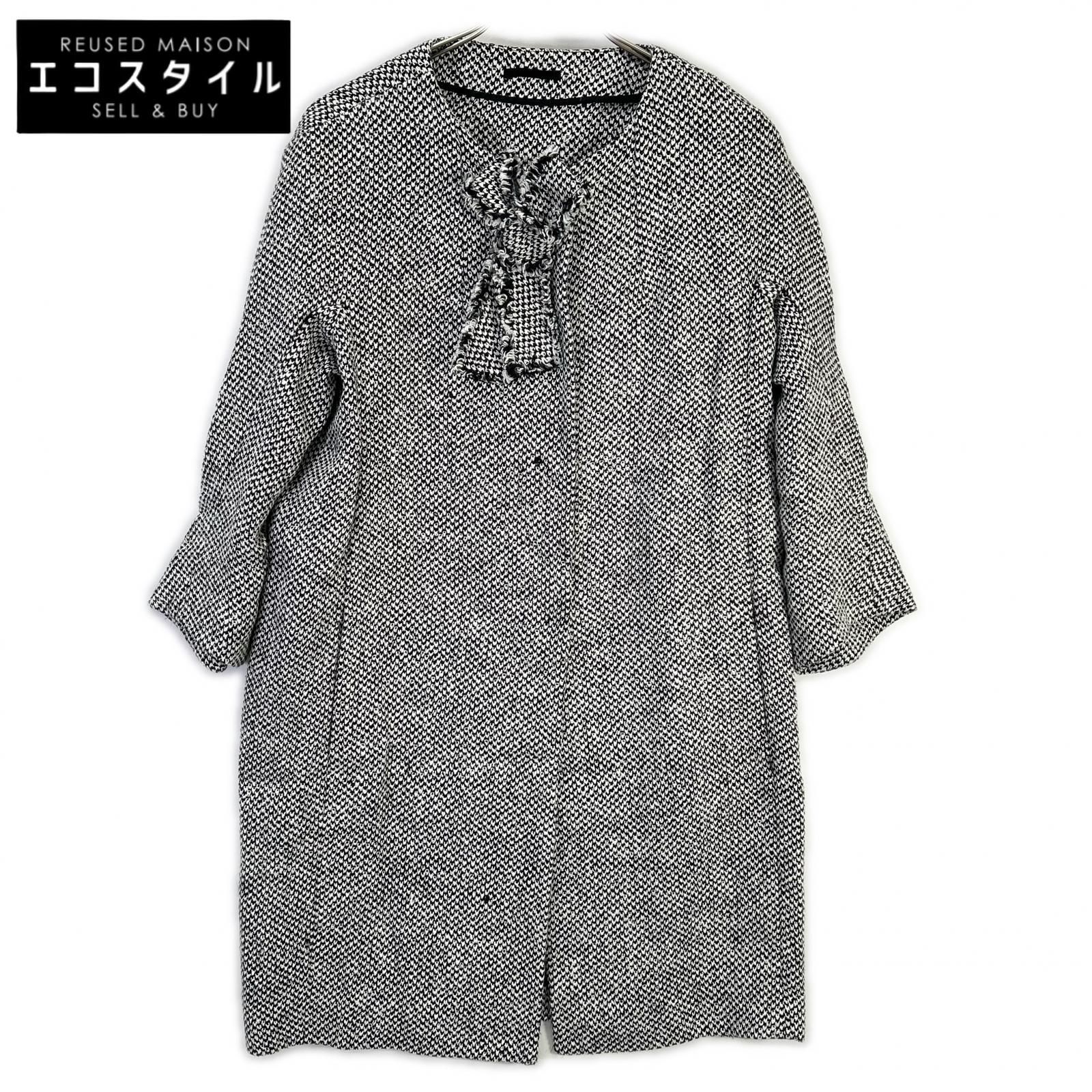 ERMANNO SCERVINO　エルマノシェルビーノ　D286D340DEQ ホワイト×ブラック リネン混 フロントリボン ツイードミディアムコート　40
