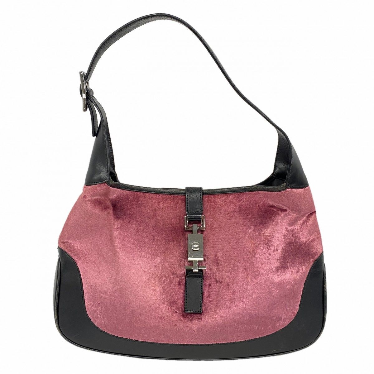 【6ee5993-k】グッチ ハンドバッグ ジャッキー 001 3306 ベロア ピンク ブラック シルバー金具【中古】レディース