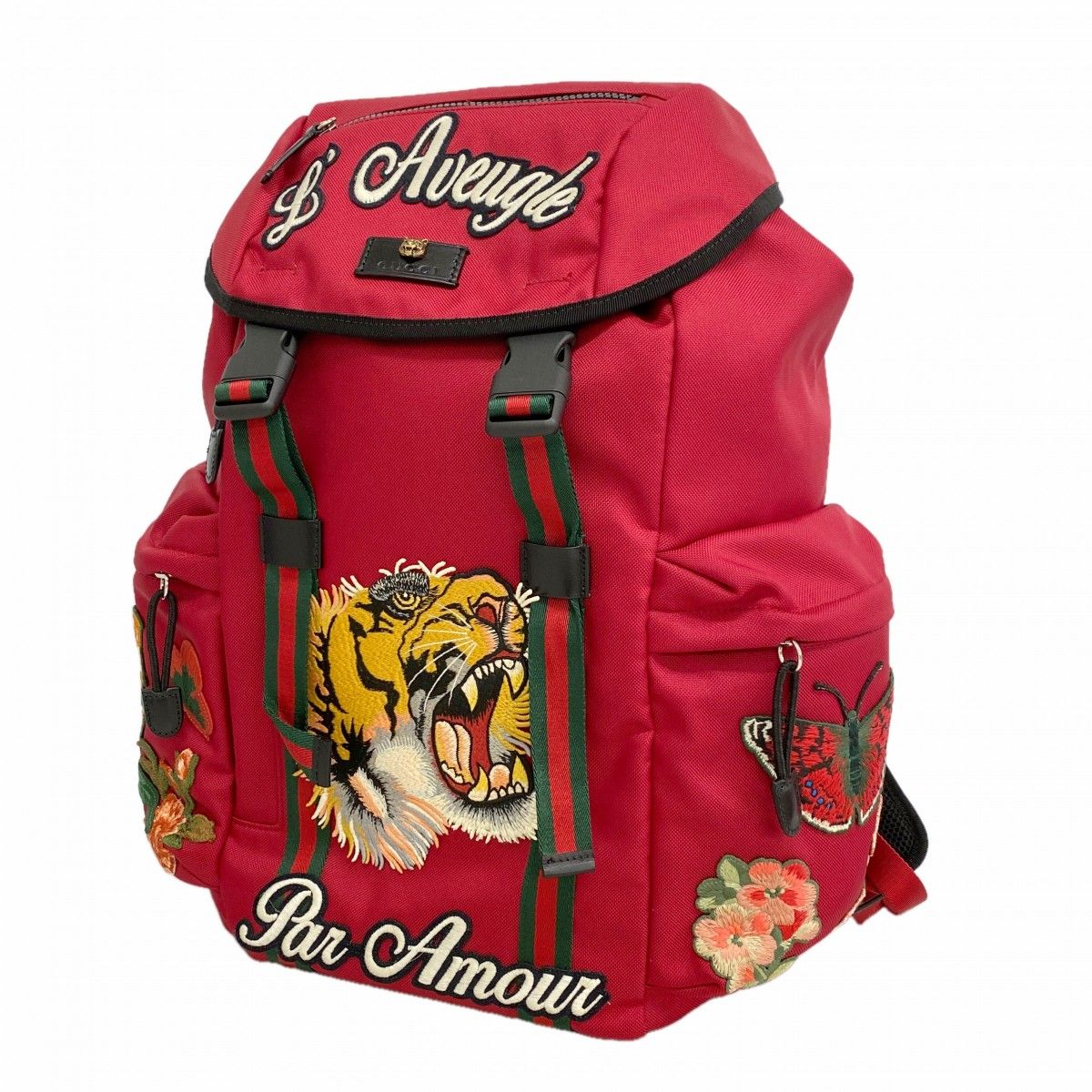 【6ee5903-k】グッチ リュック・デイパック エンブロイダリータイガ― 429037 ナイロン レッド シルバー金具【中古】メンズ