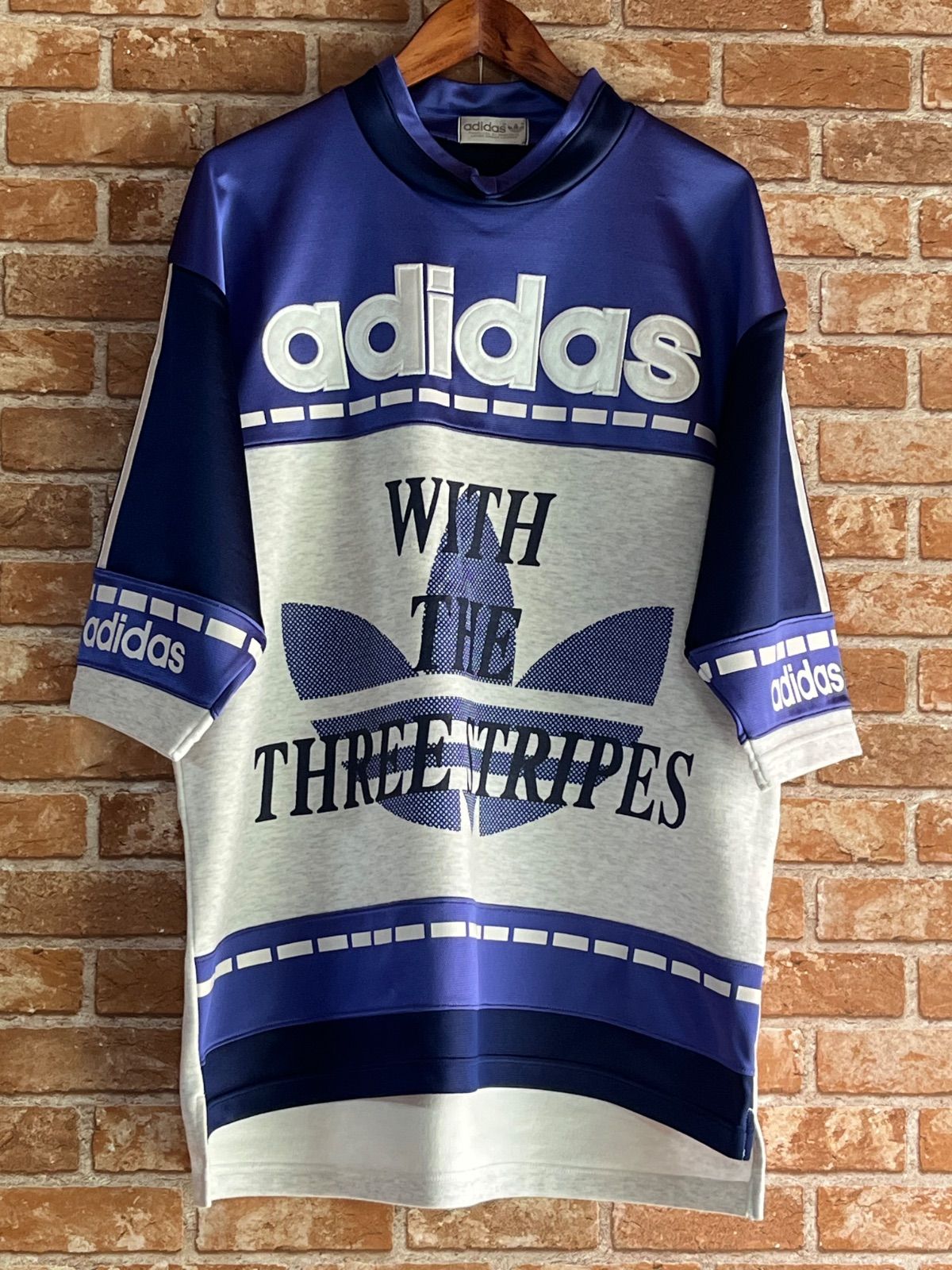 adidas アディダス デサント期 70〜90s トレファイルロゴ 半袖トレーナー Tシャツ M〜L グレー ブルー 切り替え