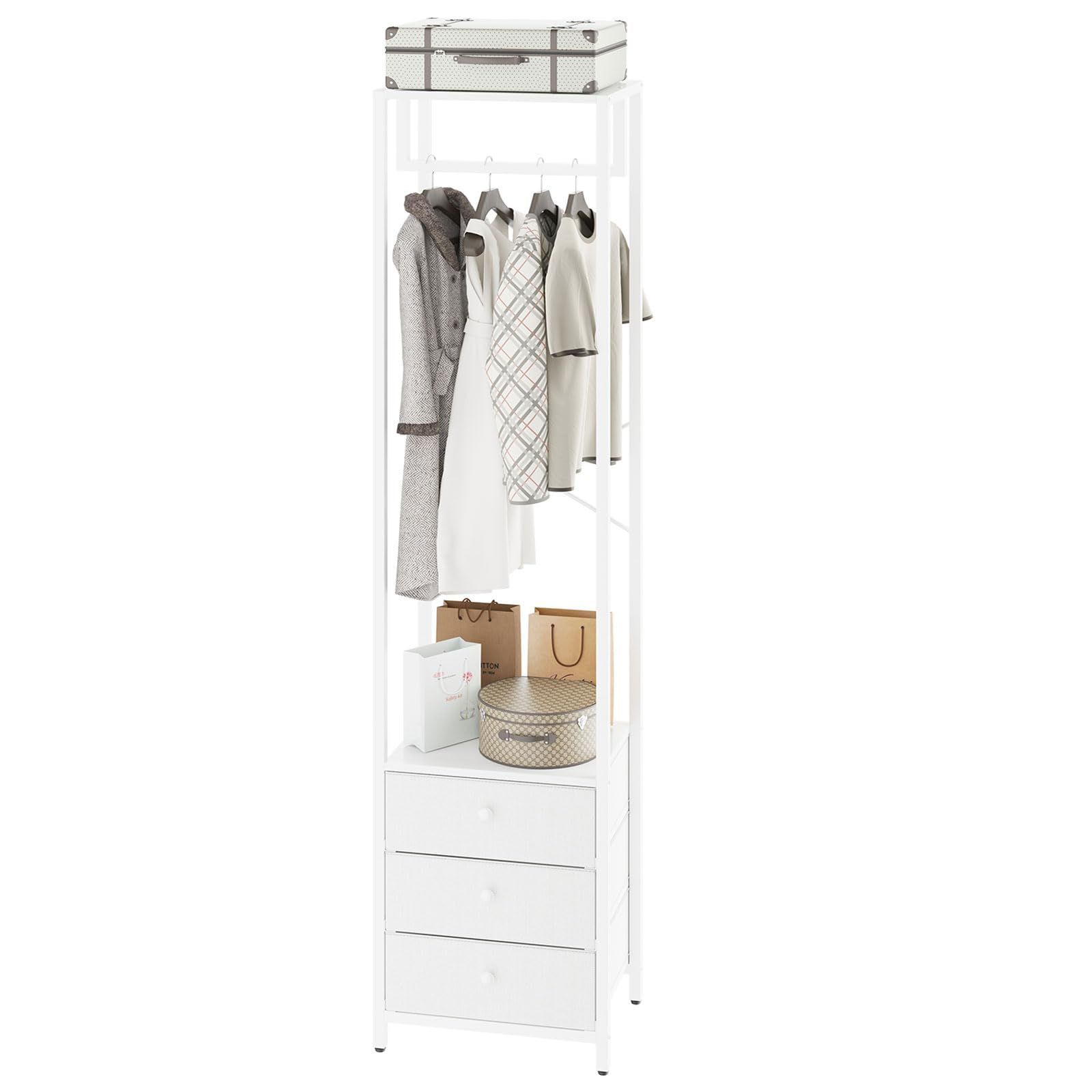 人気商品 コート掛け 39x29x179cm 収納押し入れ 衣類収納 洋服ラック クローゼット ワードローブ パイプハンガー ブラック 組み立て簡単 大容量収納ラック 省スペース 棚付き ファブリック引き出し付き JPHGR001W 3段 ハンガーチェスト ス