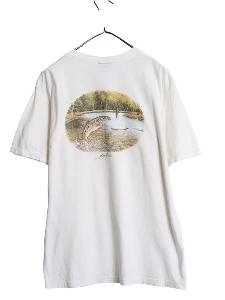 90s USA製 ウールリッチ フィッシング プリント Tシャツ メンズ M / オールド アウトドア ハンティング 両面 アート グラフィック ホワイト