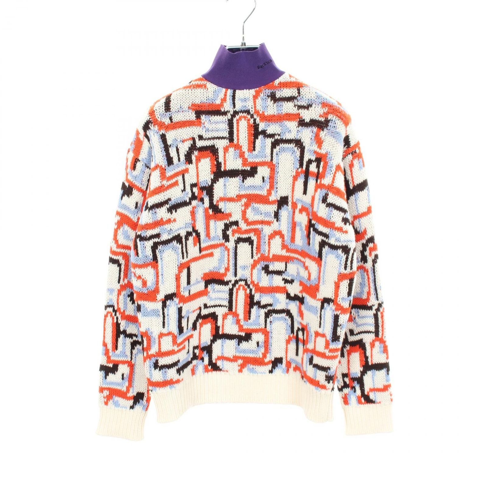 プラダ PRADA ニット geometric motif モックネック P26474 ホワイト/オレンジ/ブルー ウール カシミヤ アブストラクトパターンセーター レディース Used A