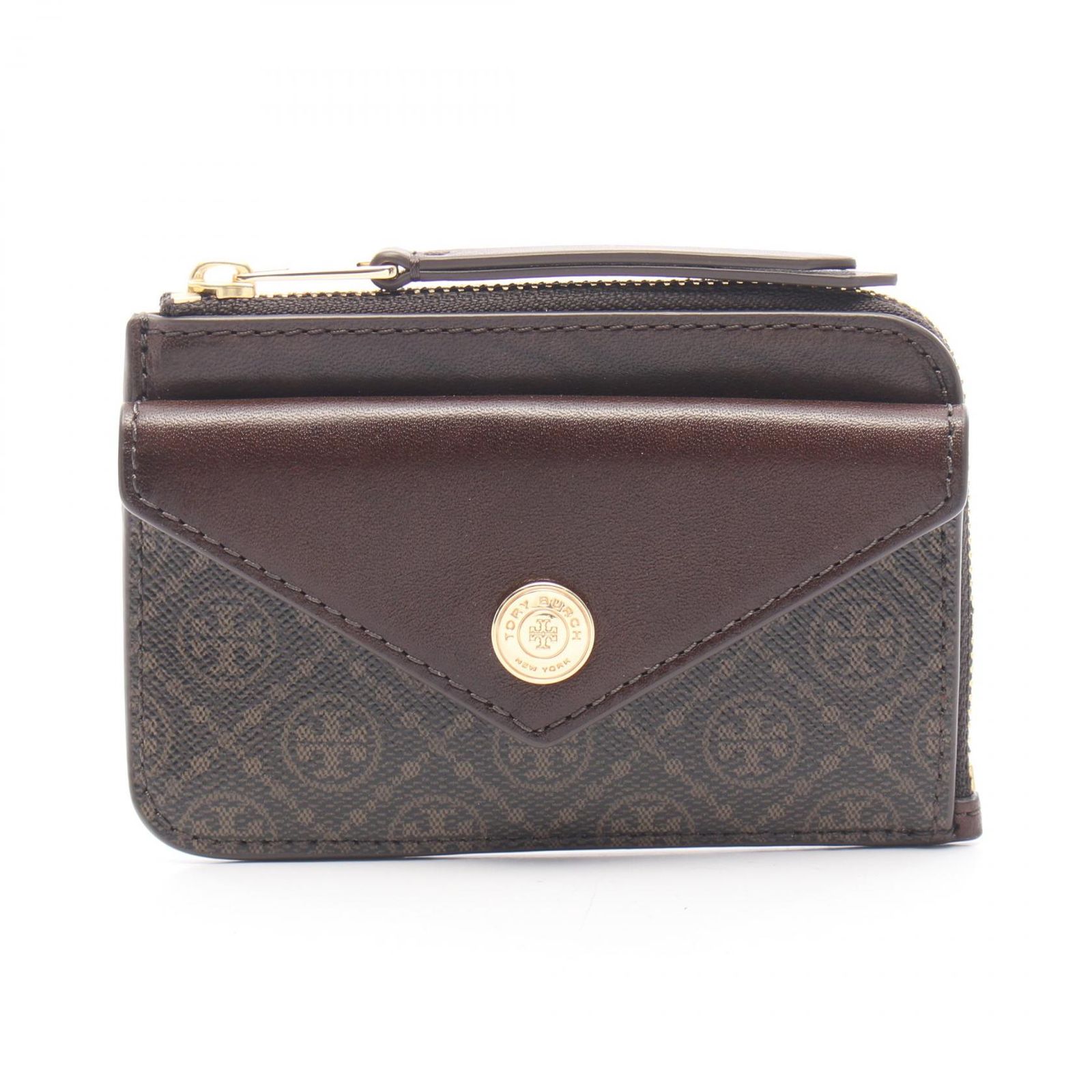 トリーバーチ Tory Burch コインケース Tモノグラム ジップカードケース キーリング付き 165036200 ブラウン PVCコーティングキャンバス レザー カードケース レディース