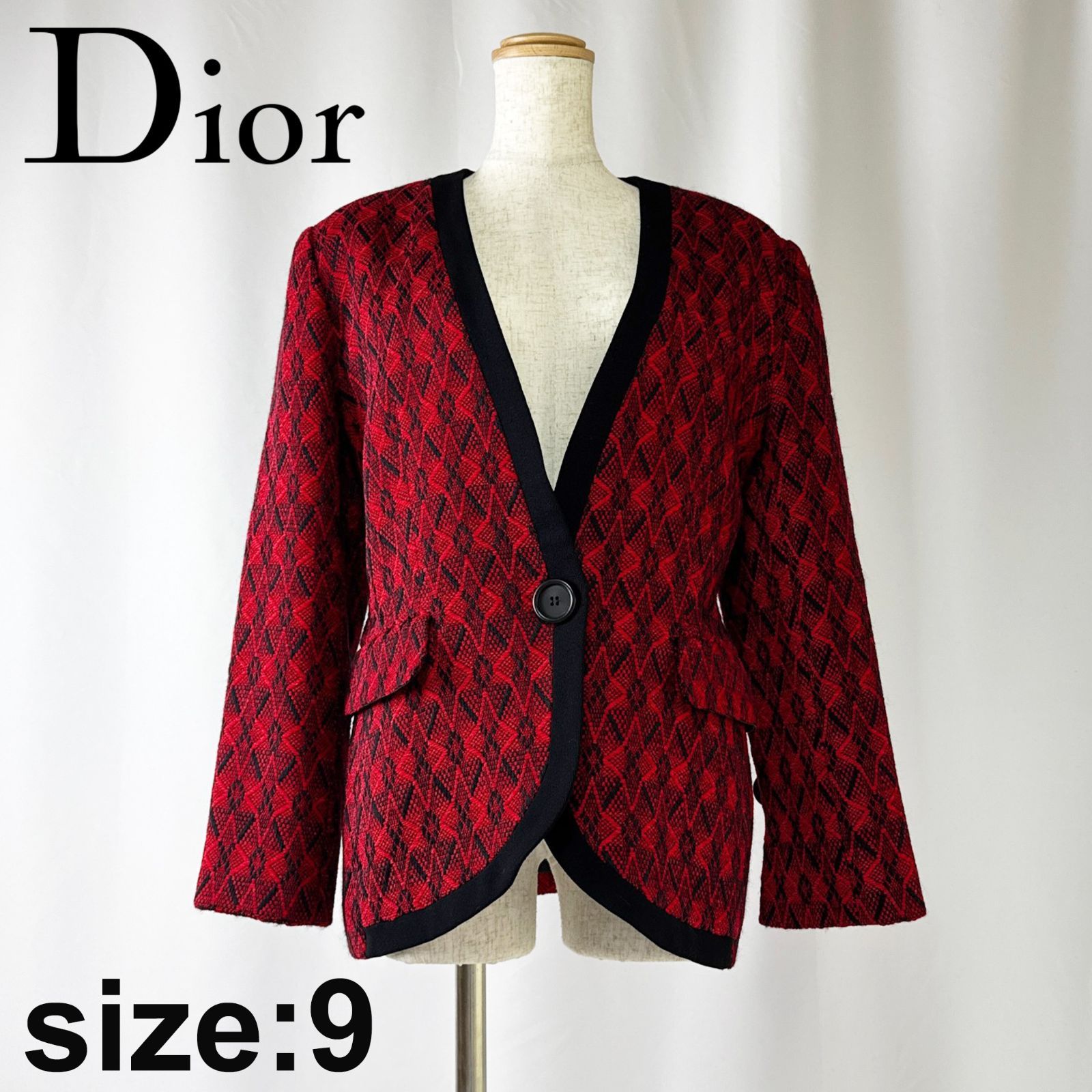 Christian Dior ノーカラージャケット レッド×ブラック ツイード 9/Mサイズ ディオール