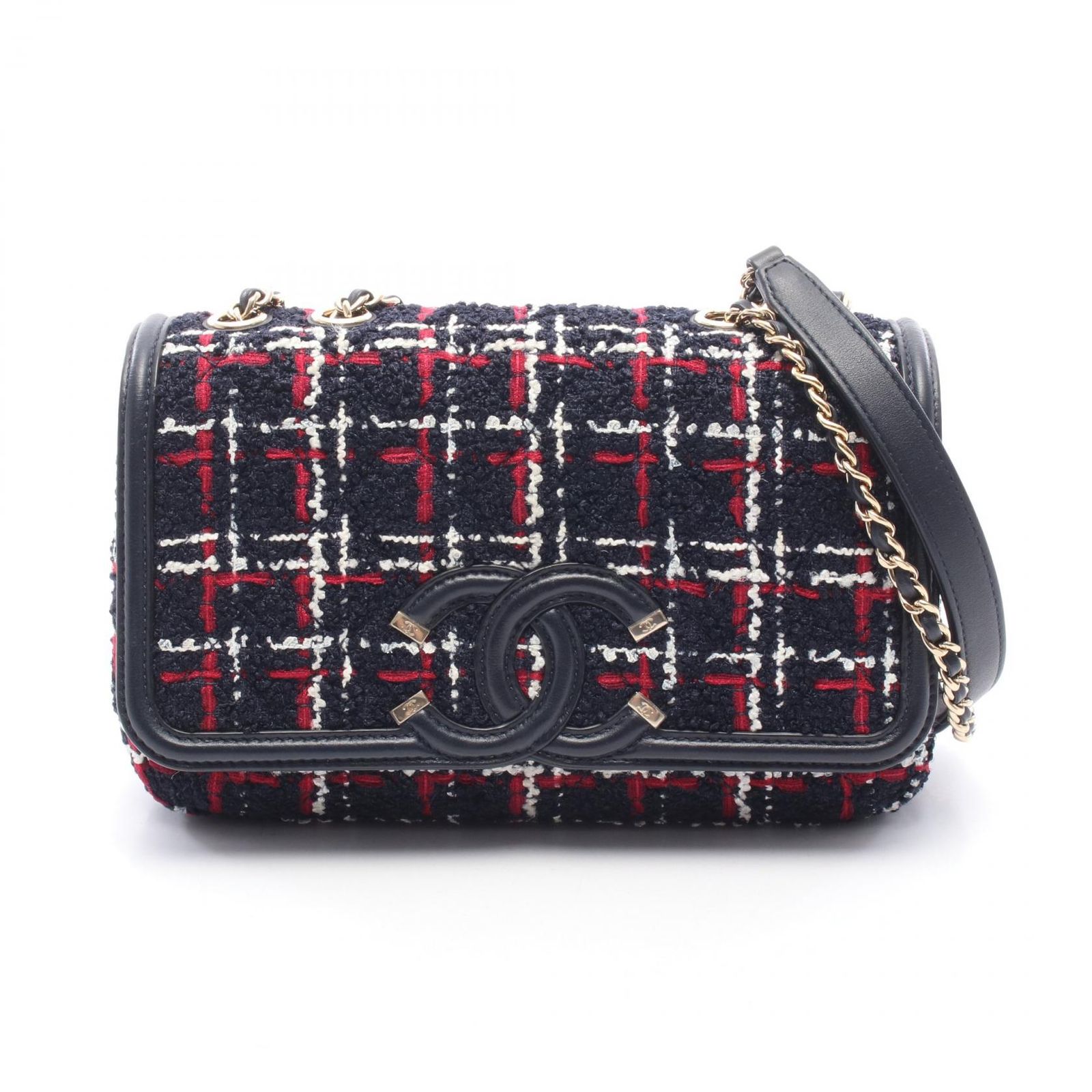 シャネル CHANEL ショルダーバッグ CCフィリグリー ネイビー/レッド ファブリック レザー CCフィリグリー マトラッセ チェーンショルダー レディース Used A 231,400円