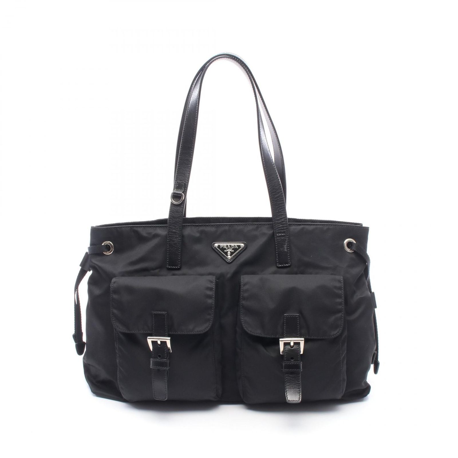 プラダ PRADA トートバッグ トライアングルロゴ ブラック ナイロン レザー トライアングルロゴ トートバッグ レディース Used B