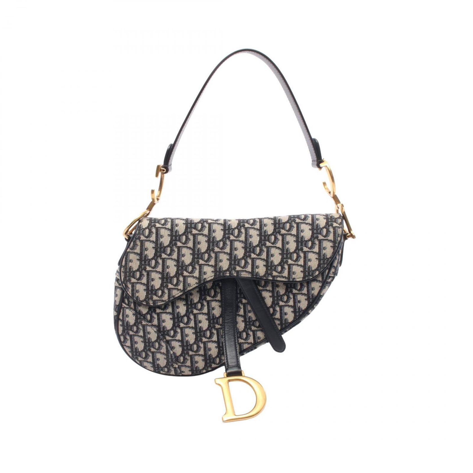 ディオール Dior ハンドバッグ SADDLE サドル オブリーク ネイビー キャンバス レザー オブリーク サドルバッグ レディース Used A