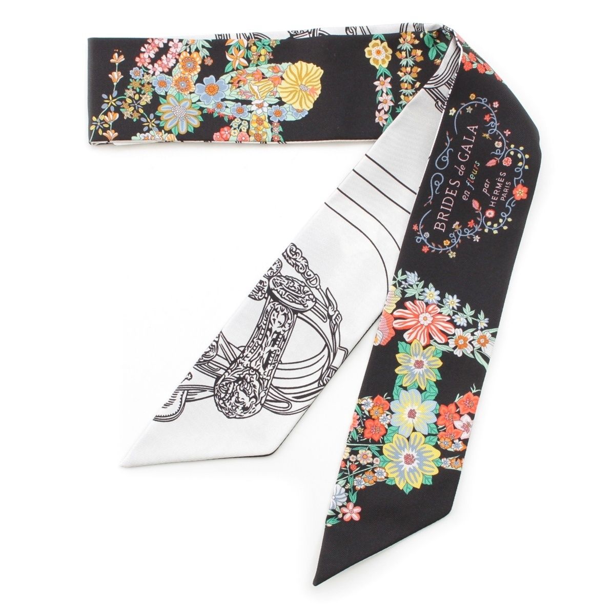 エルメス 25SS シルク ツイリー ブリッドドゥガラ アンフルール BRIDES DE GALA EN FLEURS スカーフ ブラック ホワイト マルチカラー【中古】