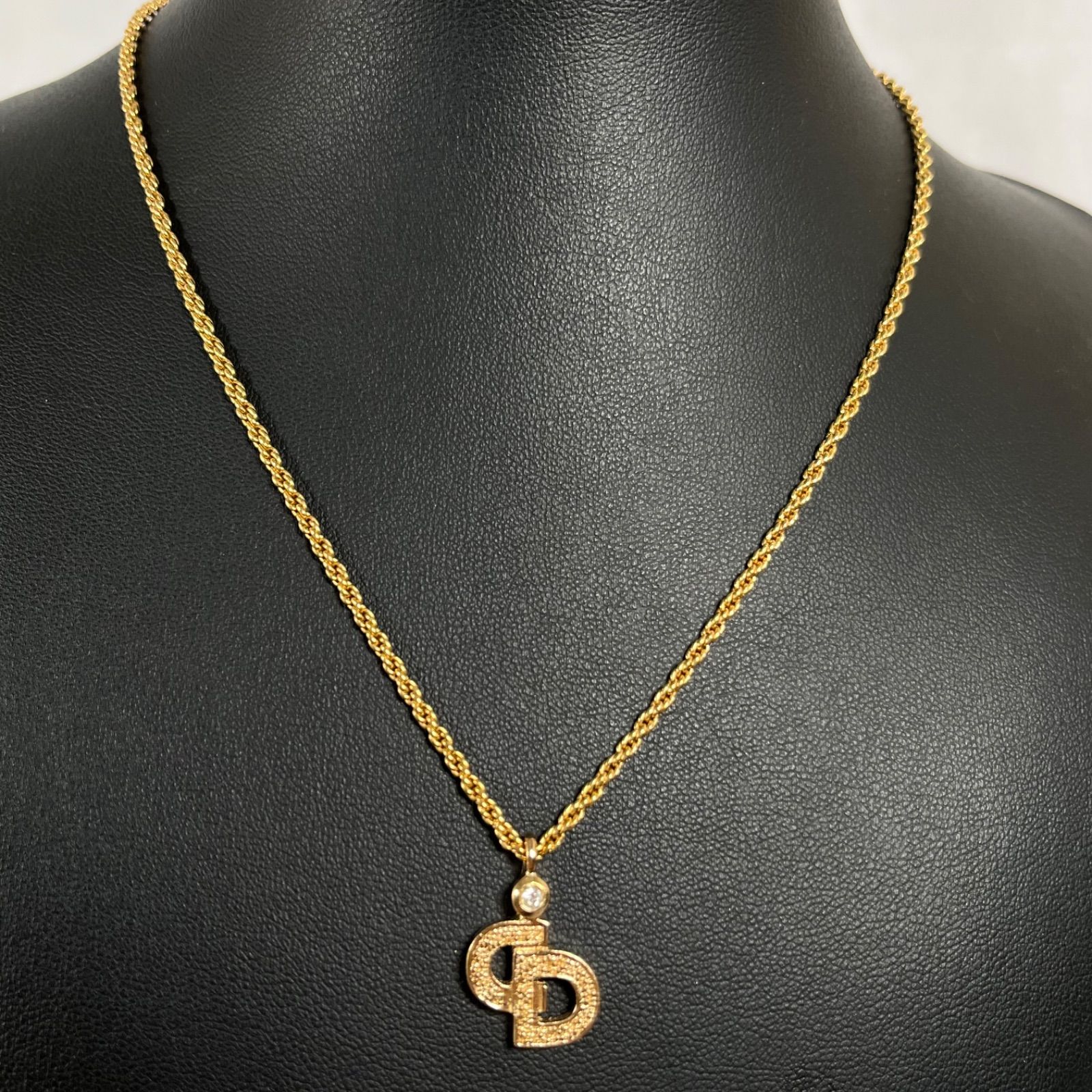 【管2605-296】Christian Dior クリスチャンディオール ネックレス CDロゴ ラインストーン ゴールドカラー レディース アクセサリー 中古