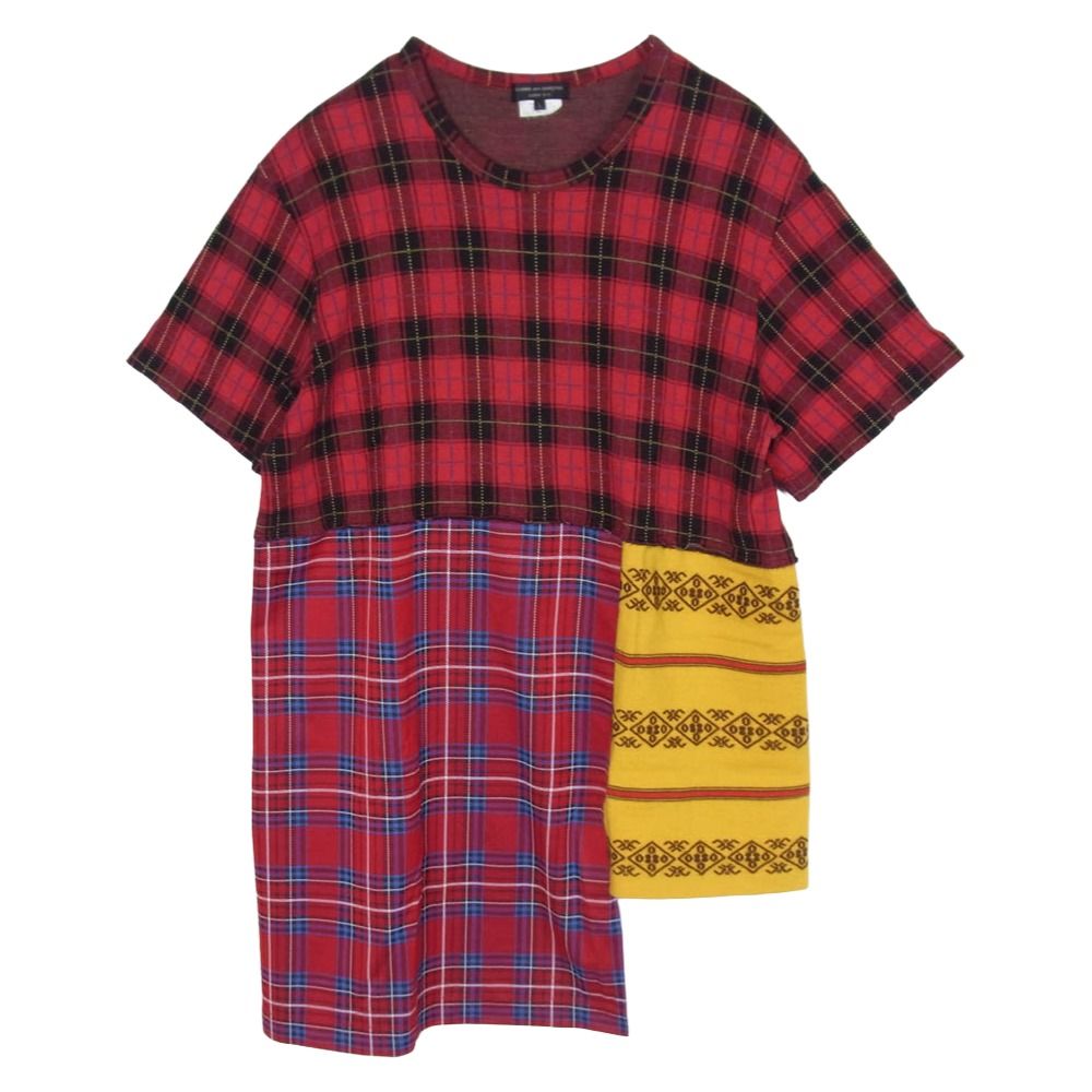 BLACK COMME des GARCONS ブラックコムデギャルソン 20AW PF-T003 アシンメトリー パッチワーク タータンチェック 半袖 Tシャツ カットソー レッド系 L【中古】