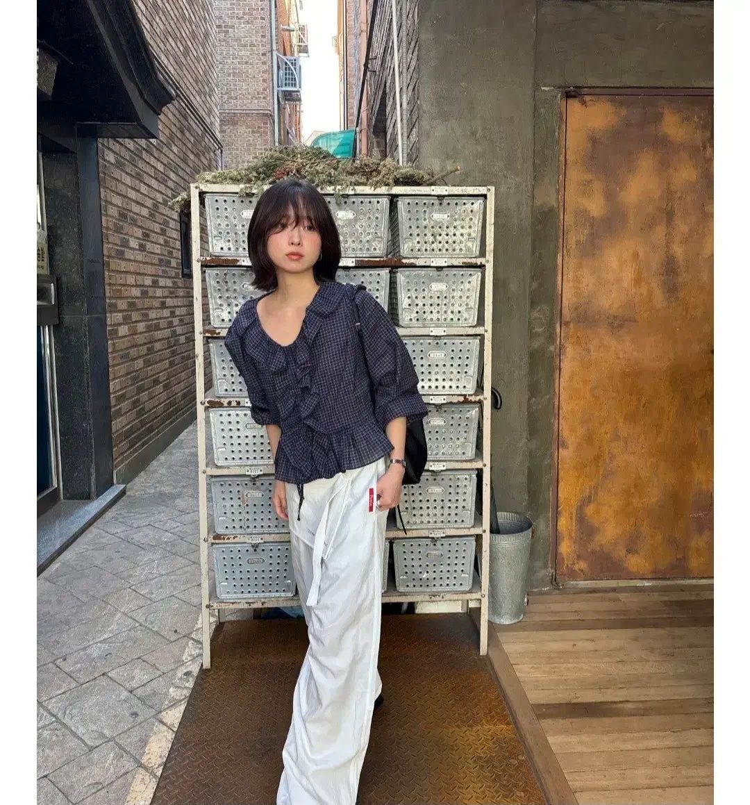 (新品)ポエットSEOUL ボール ブラウス CHECK ネイビー
