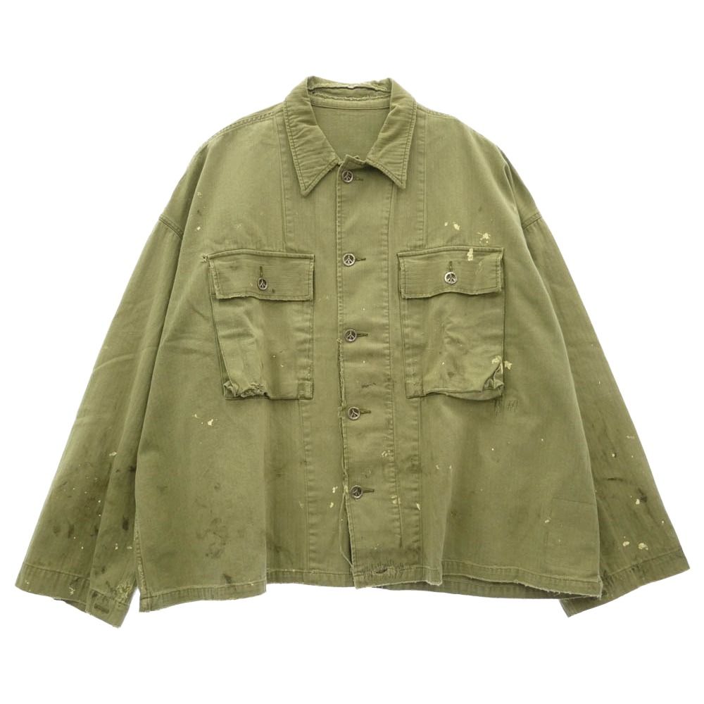 READY MADE レディメイド 24AW RE-CO-KH-00-00-259 HERINGBONE SHIRT JACKET ピースマークステンシル ヴィンテージ加工 ヘリンボーン ミリタリー シャツ ジャケット カーキ系 4【中古】