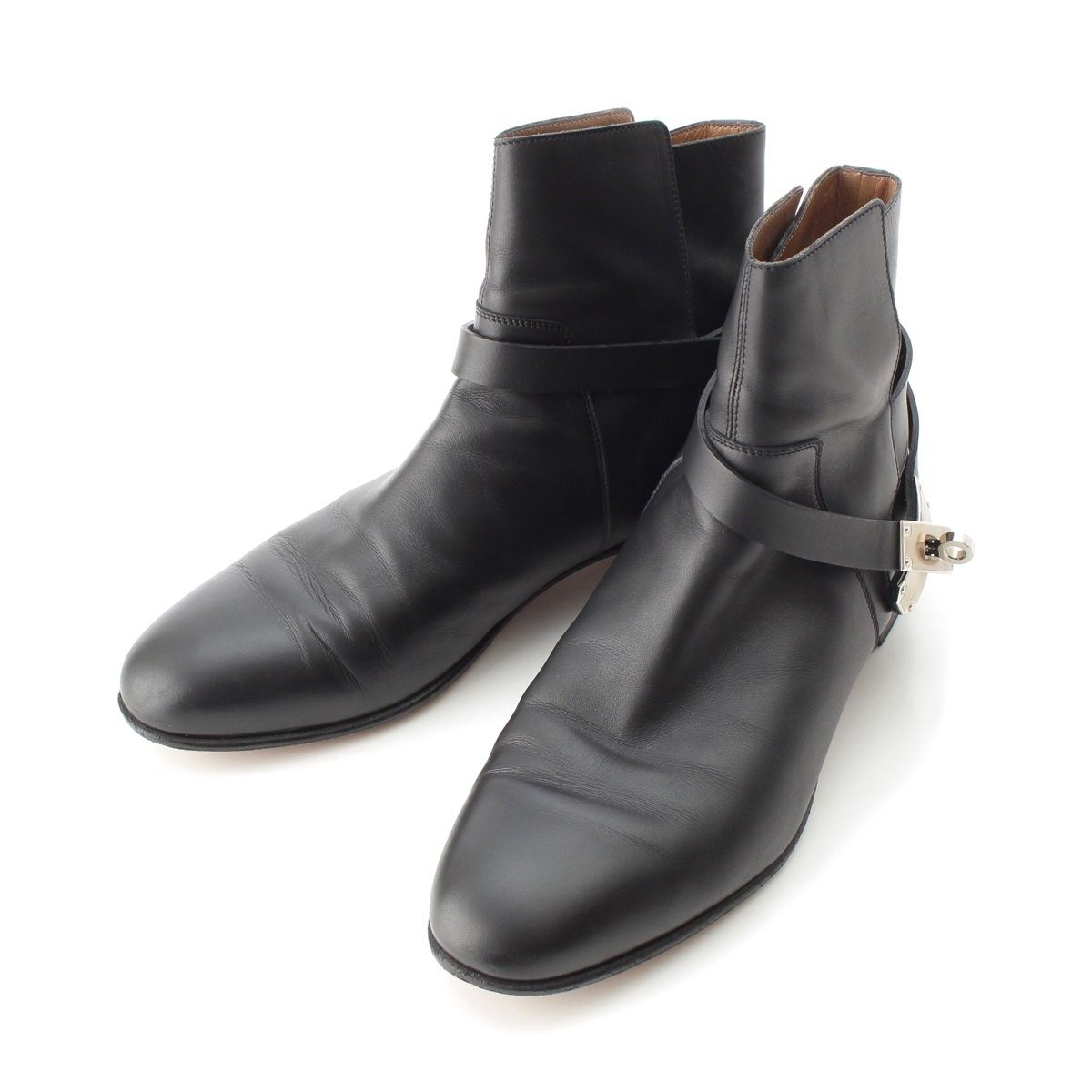 エルメス ネオ ケリー金具 レザー シルバー ブーツ シューズ ショート ブラック ブラウン 38【中古】