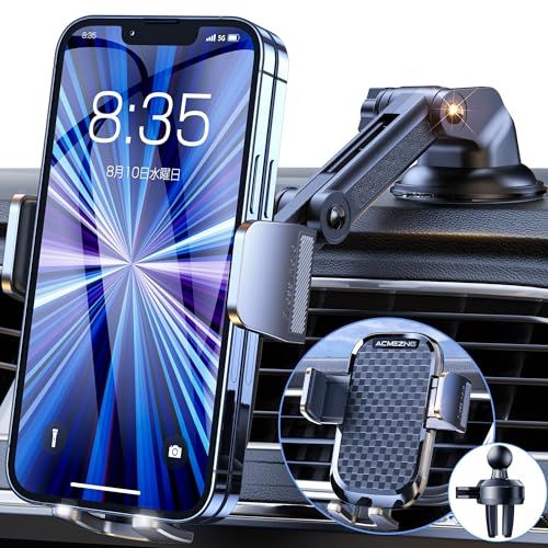 スマホホルダー 車 ACMEZING 車載ホルダー【業界改良3段クリップ式+3軸機械式伸縮アーム】 車 スマホスタンド カー用品 携帯ホルダー 車 エアコン吹き出し口&超強力真空吸盤兼用2in1 片手操作 安定性拔群 車載スマホホルダー 自由調節 360koe
