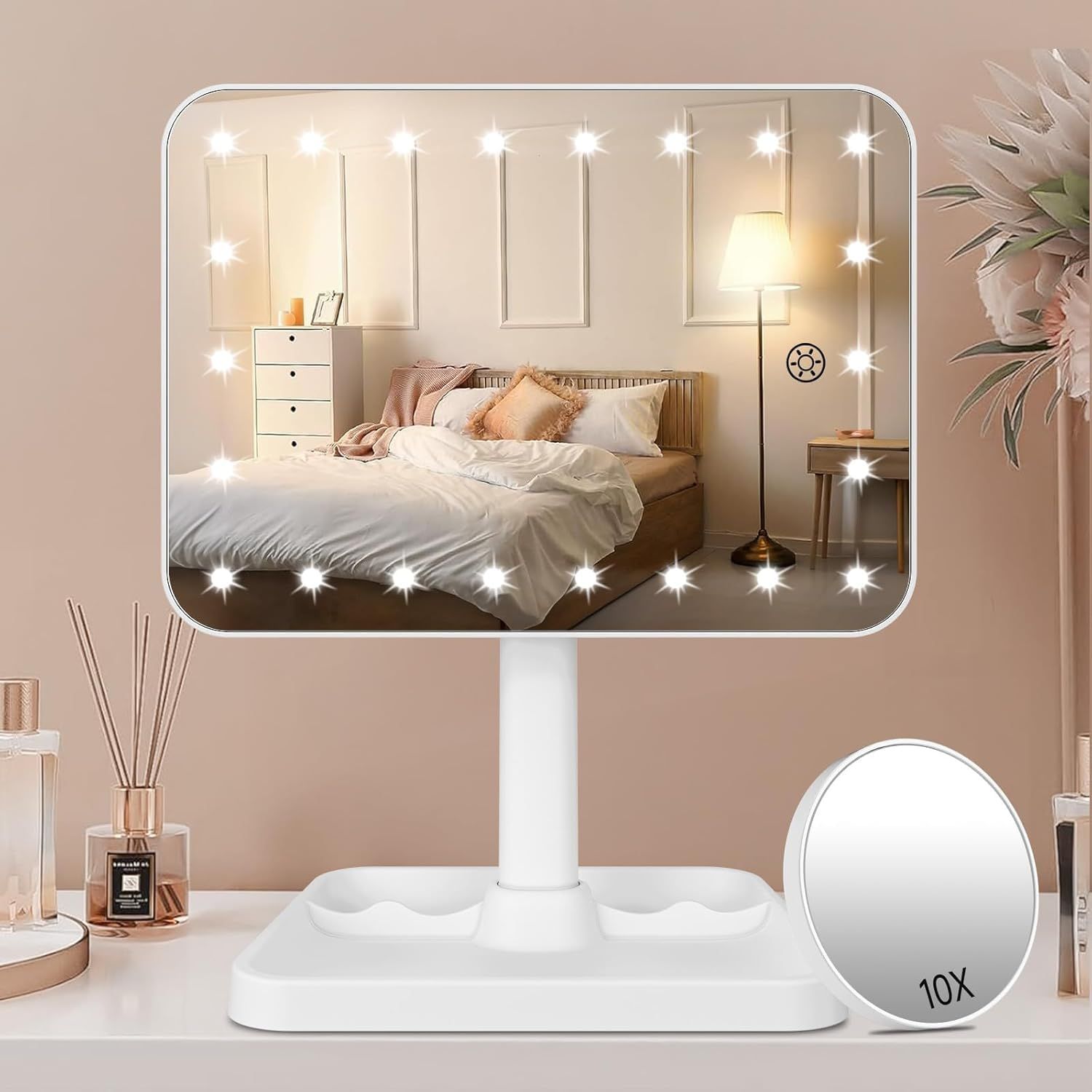 FASCINATE LED ライト付き 鏡 卓上 女優ミラー 充電式 2000mAh内蔵バッテリー 明るさ調整可能 360°角度調整 10倍拡大鏡付き ホワイトkoe