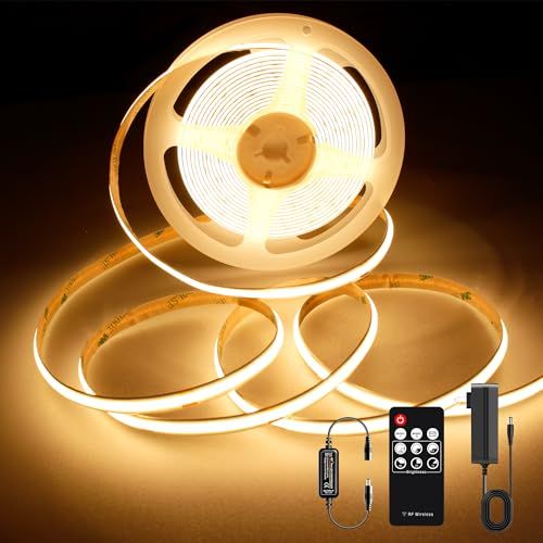 AXMOTUT COB LEDテープライト3m 24V 電球色 2700K 高輝度 調光可能 高密度 フレキシブル LEDテープライト 付きRF リモートおよび PSE認証電源 切断可能 取付簡単 工具不要 非防水 店舗 室内 ホーム装飾用 3fa10dac