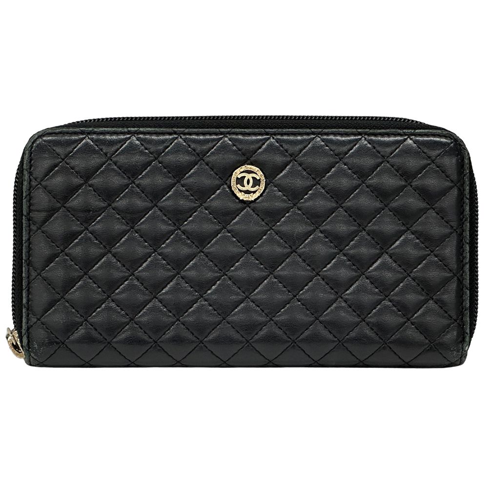 シャネル CHANEL 財布 マイクロマトラッセ レディース ブランド 長財布 ラムスキン ブラック ゴールド金具 ラウンドファスナー 【中古】