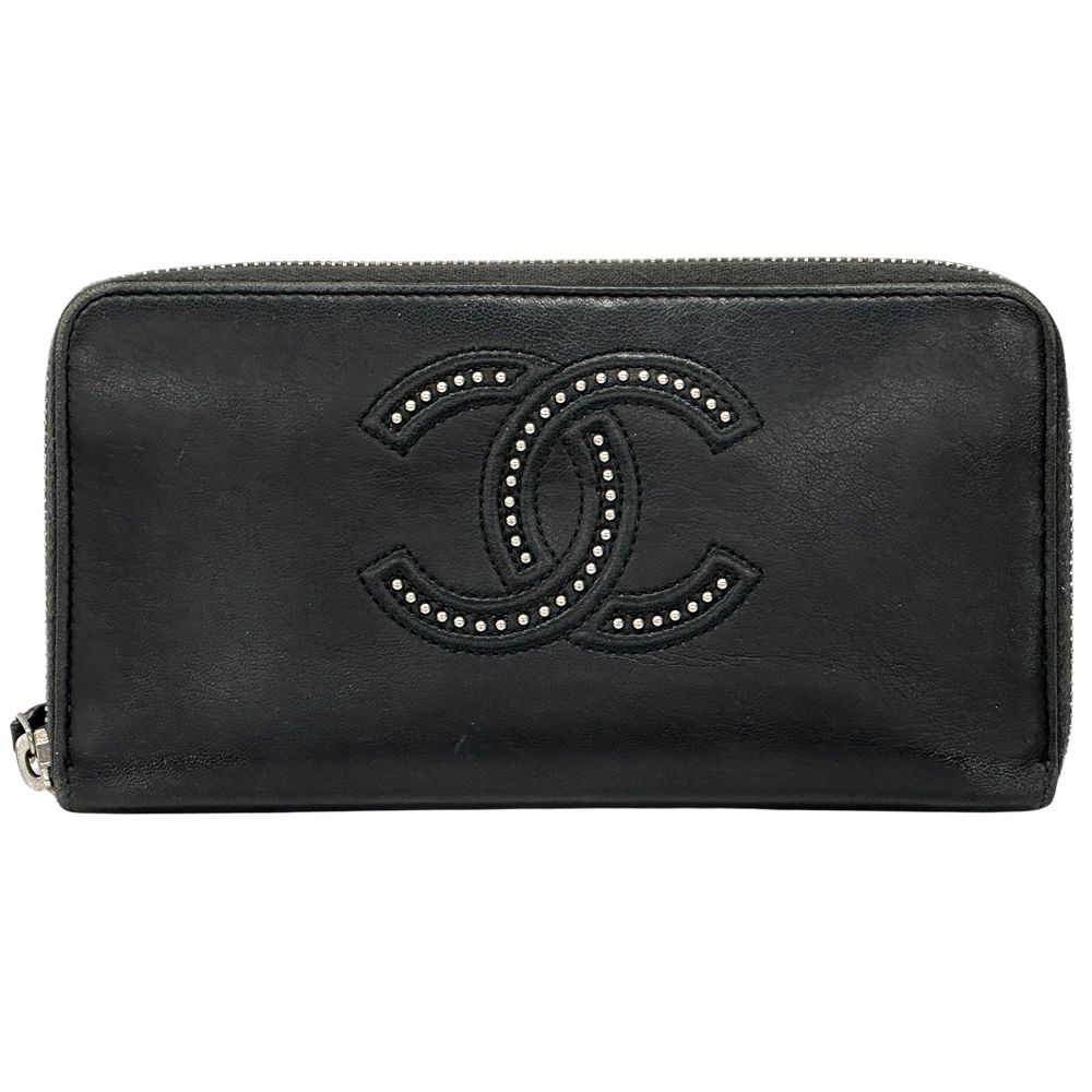 シャネル CHANEL 財布 レディース ブランド 長財布 ココマーク ラムスキン ブラック シルバー金具 黒 ラウンドファスナー スタッズ 【中古】