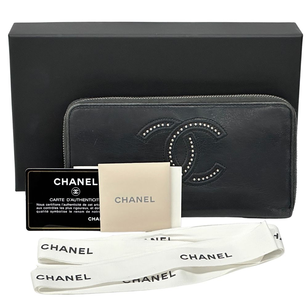 シャネル CHANEL 財布 レディース ブランド 長財布 ココマーク ラムスキン ブラック シルバー金具 黒 ラウンドファスナー スタッズ 【中古】 シャネル CHANEL 財布 レディース ブランド 長財布 ココマーク ラムスキン ブラック シルバー金具 黒 ラウンドファスナー スタッズ 【中古】