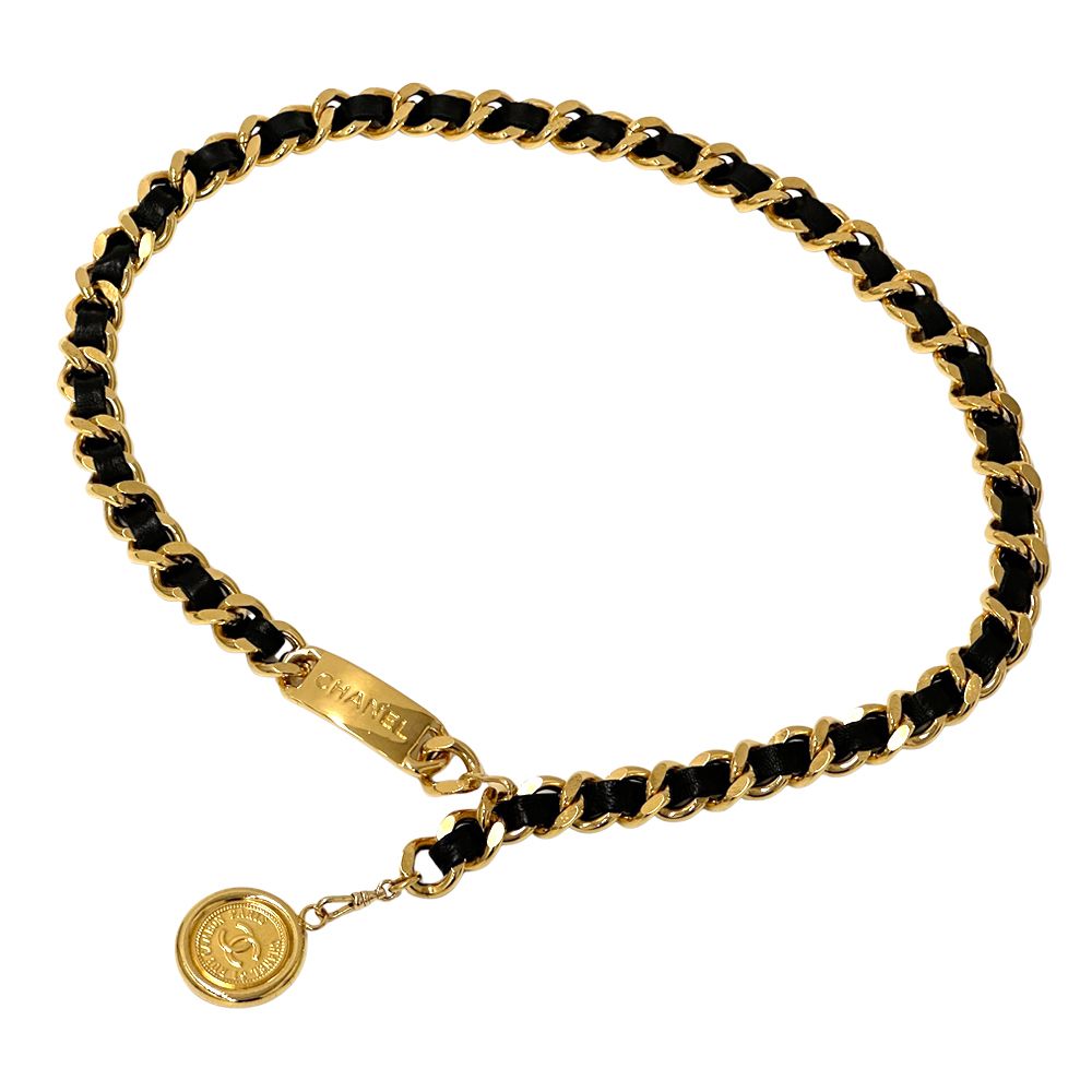 シャネル CHANEL ベルト レディース ブランド カンボン GP レザー チェーンベルト ゴールド ブラック ロゴ プレート ココマーク 太チェーン 【中古】