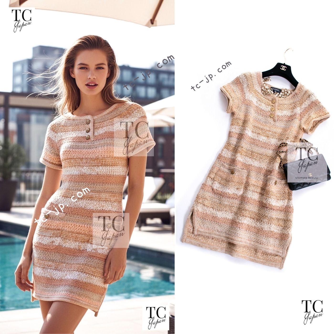 シャネル ワンピース CHANEL ベージュ ピーチ ニット CCロゴ フクロウ ボタン 春夏 サマーワンピ カール・ラガーフェルド 超美品 42