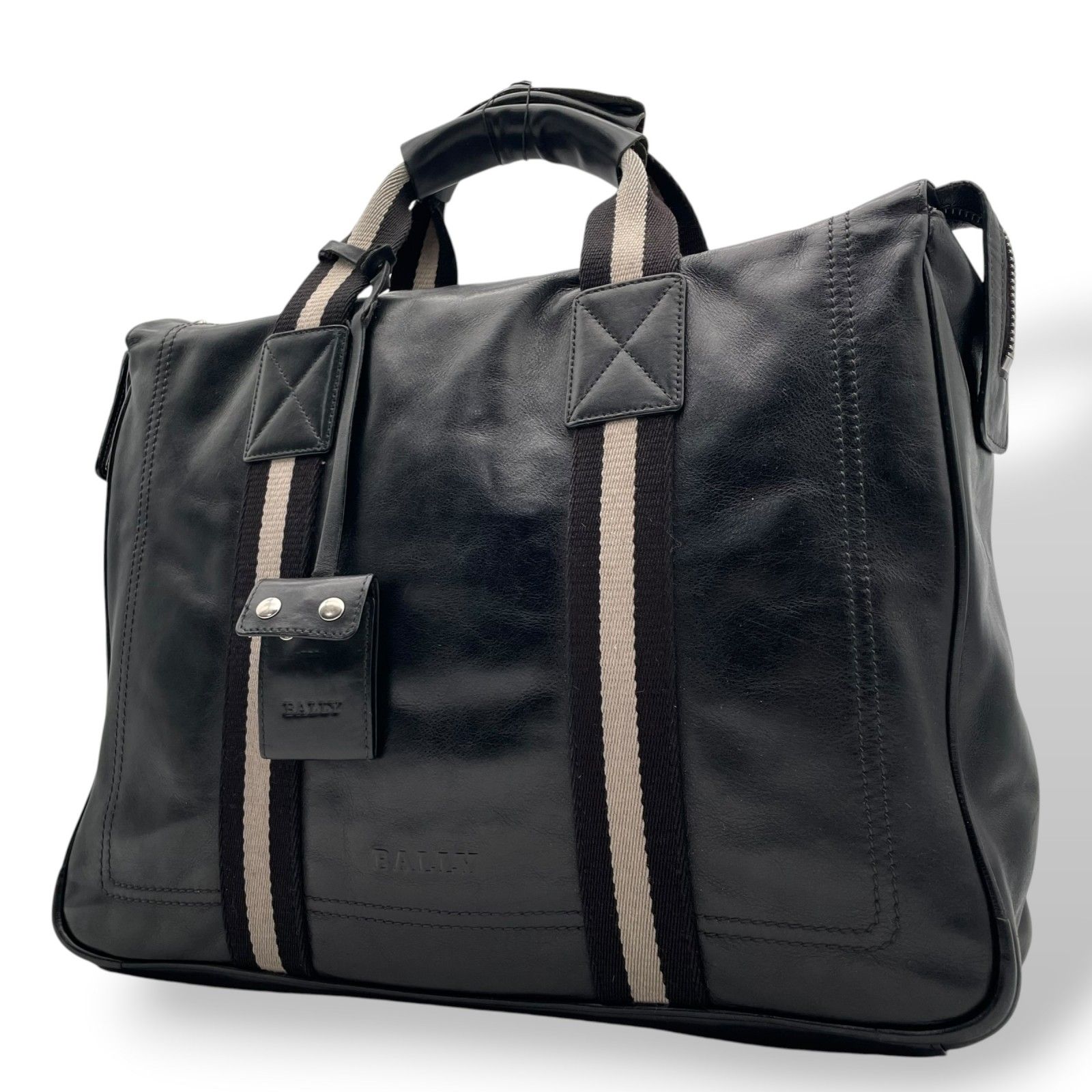 【良品】 バリー BALLY トートバッグ ビジネスバッグ ブリーフケース レザー 本革 ブラック 黒 トレインスポッティング ストライプ A4収納可 大容量 鍵 クロシェット 鍵付き メンズ 通勤 出張 定番 人気 鞄 かばん カバン U15 14,200円