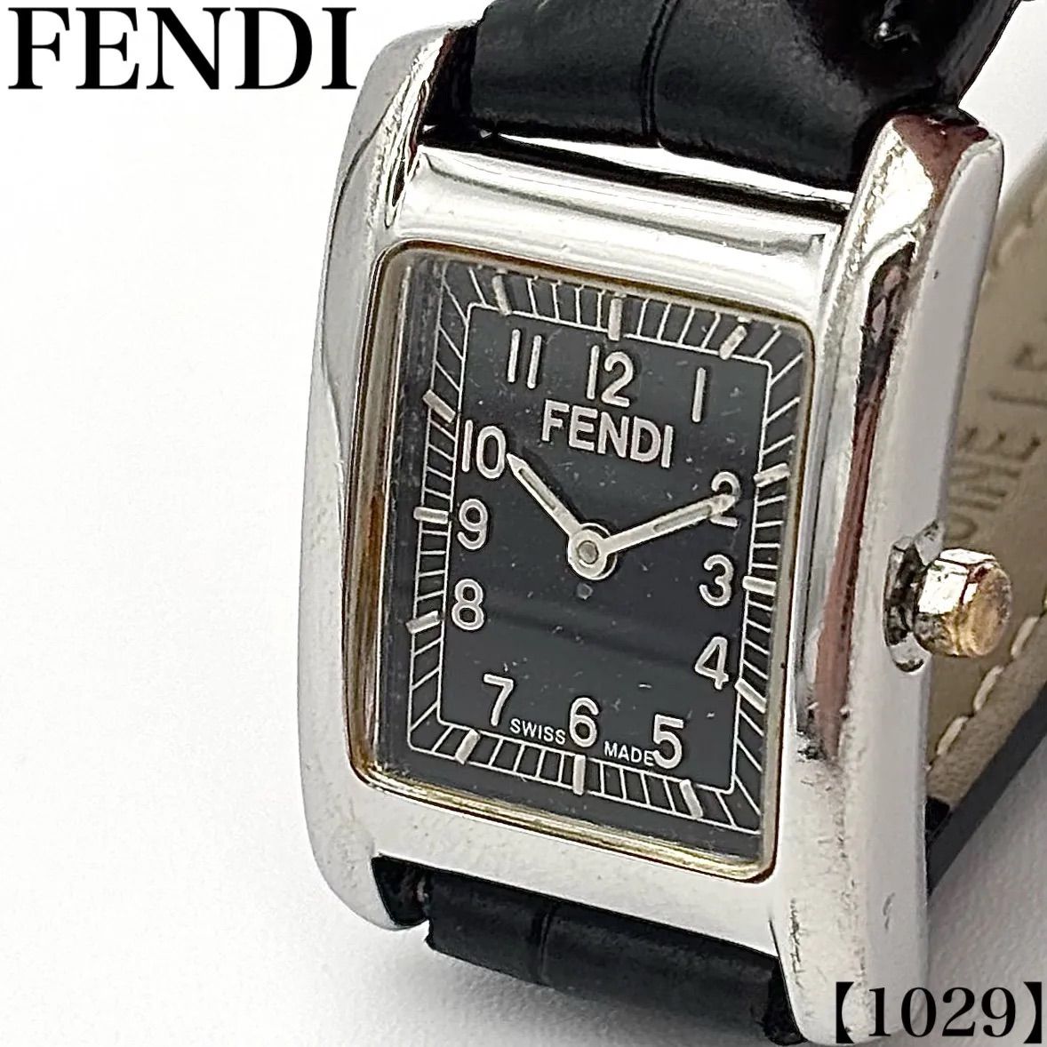 稼働品 Working item フェンディ FENDI 腕時計 レディース Ladies クォーツ Quartz 7000L クラシコ スクエア レクタングル ブラック文字盤 黒文字盤 シルバー アナログ ローマン レザーベルト スイス製 1029