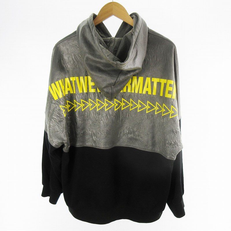 what we wear matter / wwwm XL パーカー スウェット プルオーバー フード ロゴ ブラック グレー イエロー コットン