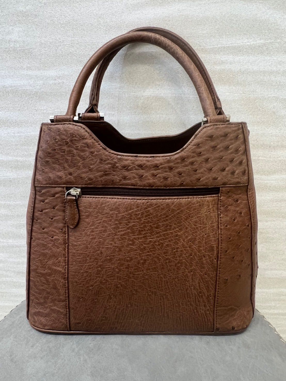 【中古品】 オーストリッチ レザー ハンドバッグ 茶ブラウン 肩掛け 手提げ バッグかばん 現状品
