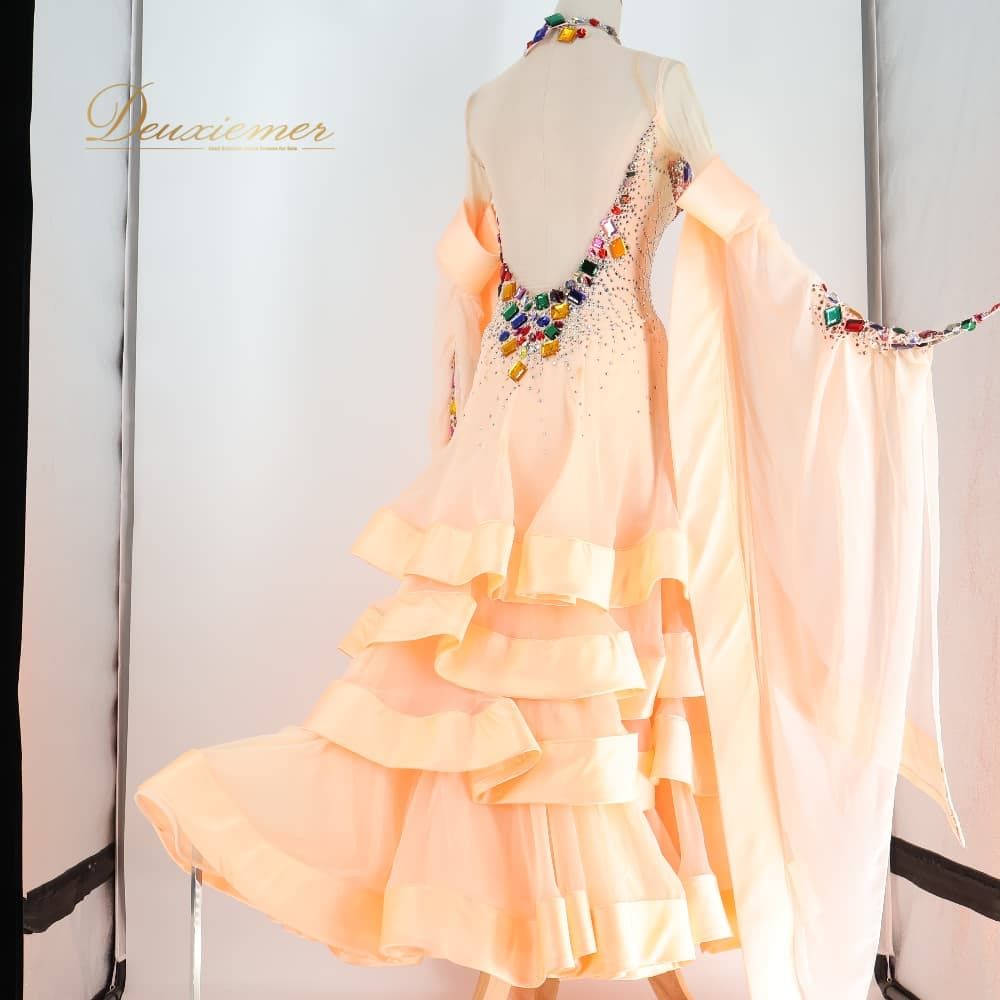 【美品 社交ダンス衣装】サーモンピンク ICHIOKU ワンピース ドレス 花 社交ダンス 衣装 ドレス ワンピース スタンダード ピンク系 オレンジ系