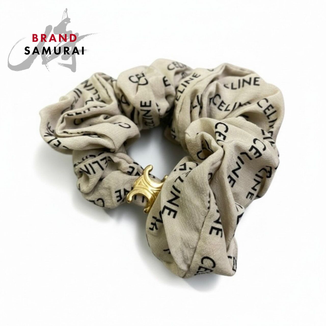 美品 CELINE セリーヌ トリオンフ シュシュ グリーン ゴールド金具 シルク ヘアアクセサリー レディース A3-00065【中古】