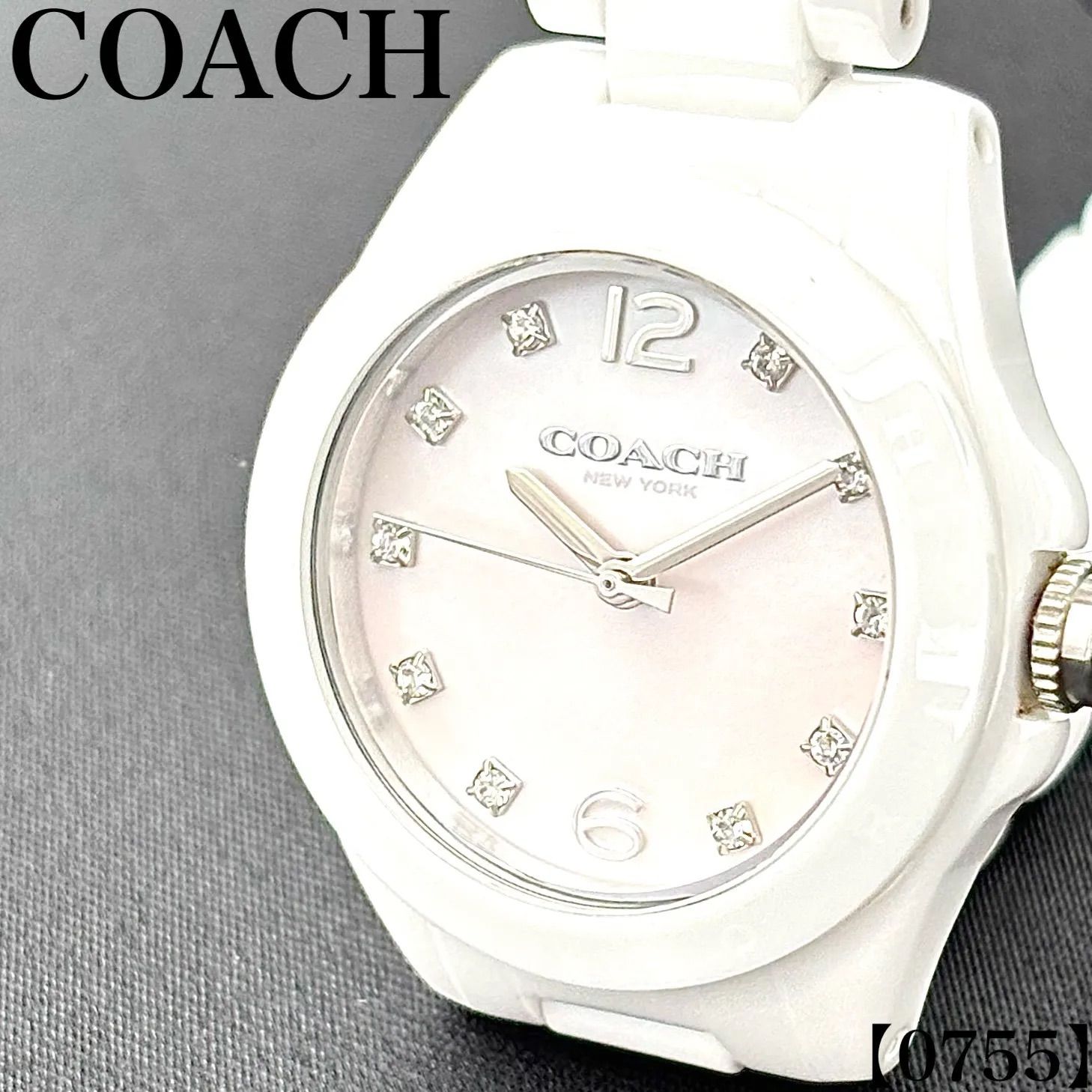 稼働品 Working item コーチ COACH 腕時計 レディース Ladies クォーツ Quartz CA.67.7.28.0948 ホワイト セラミック 白 文字盤 シェル ラインストーン ラウンド フェイス アナログ　0755