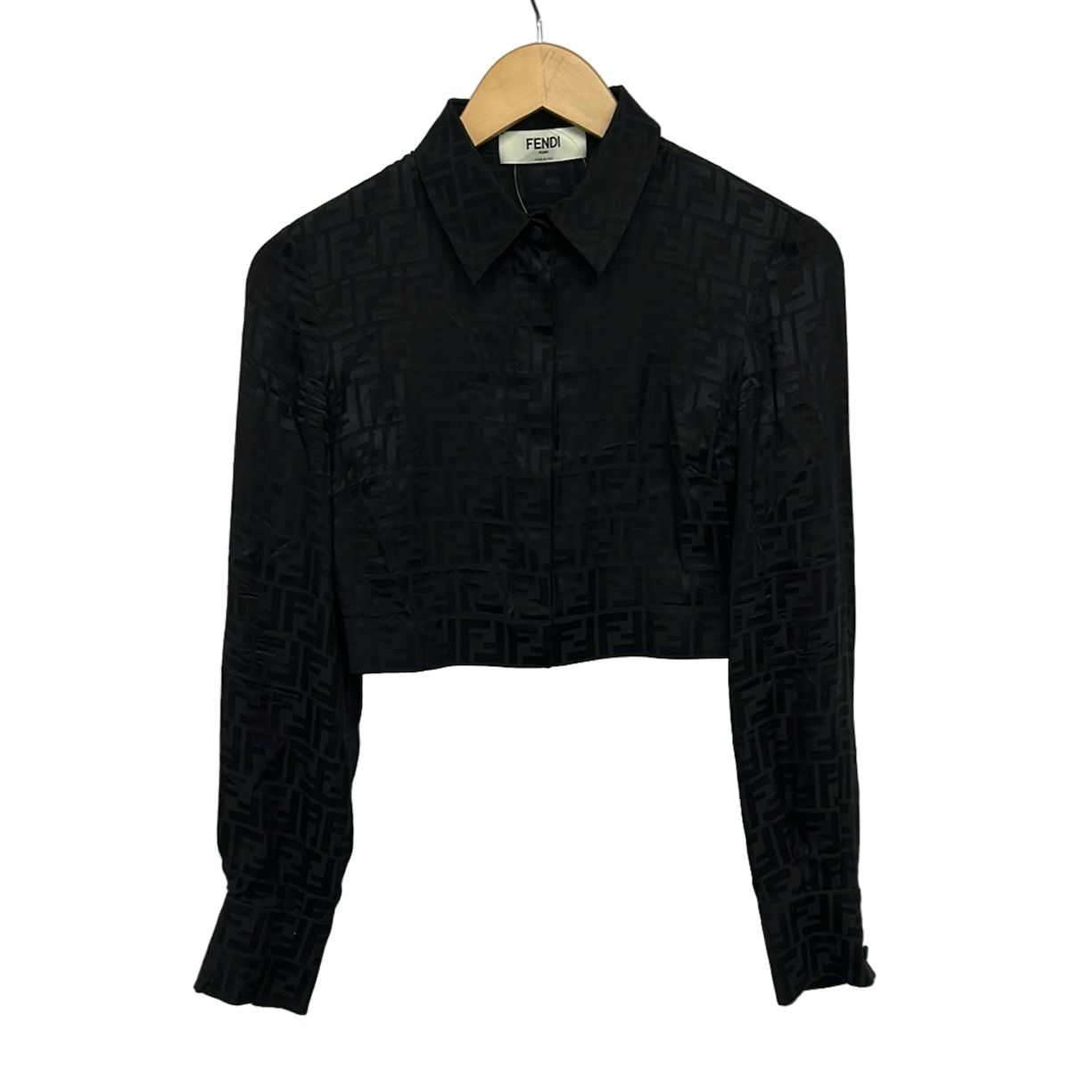FENDI(フェンディ) 長袖シャツブラウス サイズ36 S レディース - 黒 シルク/ズッカ柄/ショート丈