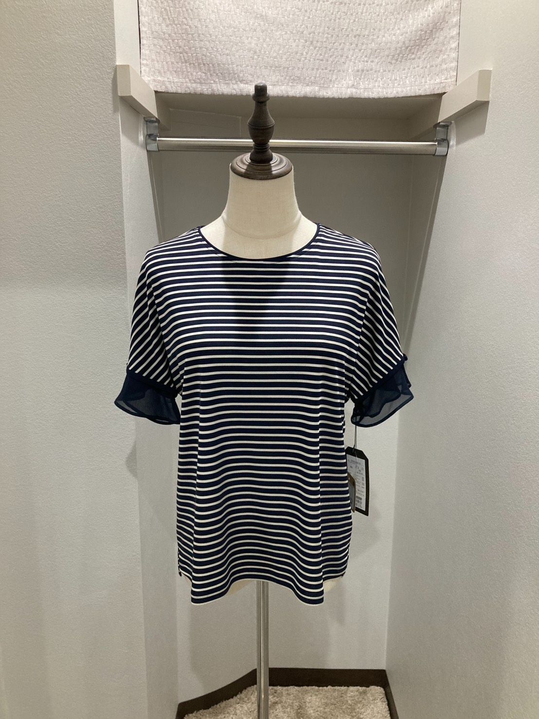【LIMITED CLEARANCE】50%OFF 定価17600円 セラビ 袖シアー フリル リボン ボーダー カットソー 38 ネイビー