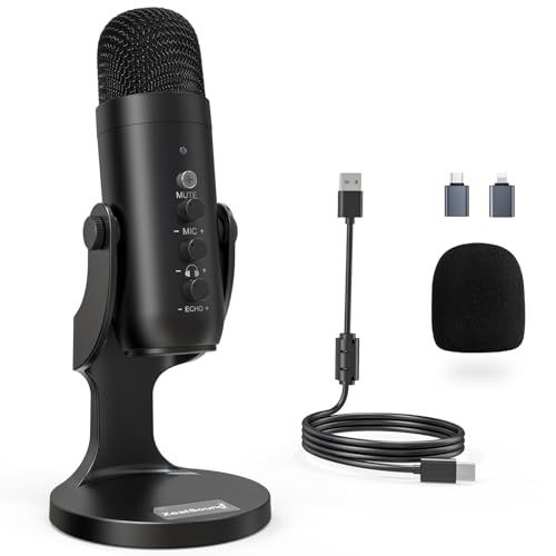 ZealSound USB マイク コンデンサー マイク PC マイク 卓上マイク 単一指向性 エコー機能付き 会議用 ゲーム 実況 マイク タブレット PC用録音マイク/YouTube用/生通信・ゲーム実況用/Skype/LINE 生放送 USB マイク ミ