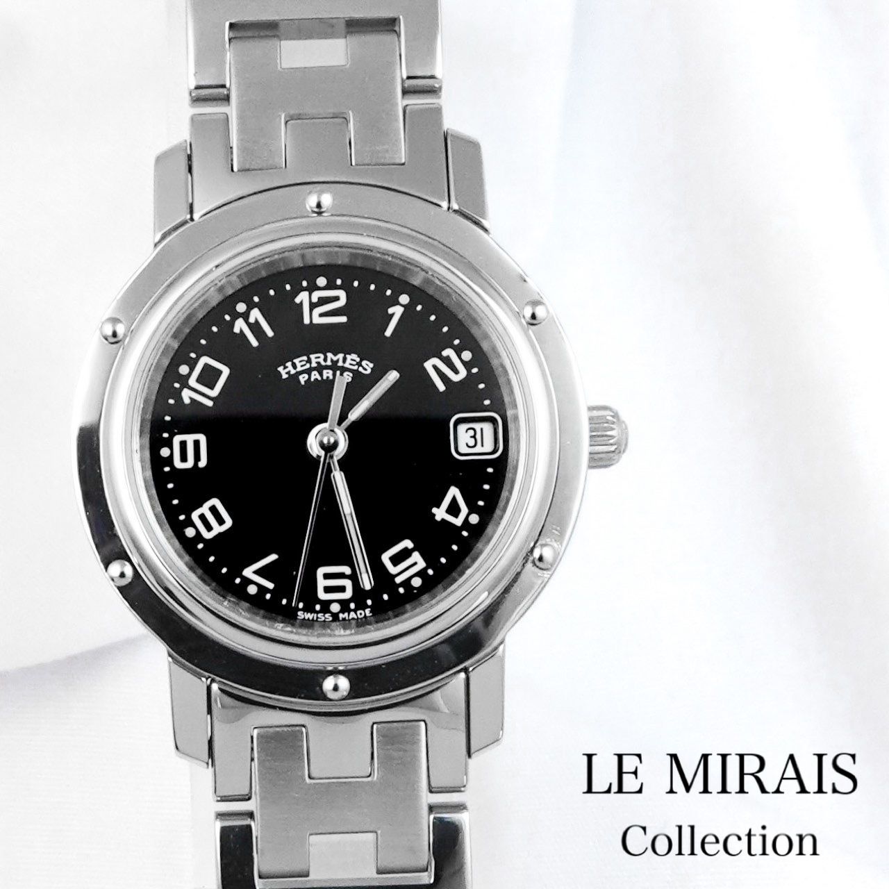 【仕上済】エルメス クリッパー SS デイト 黒文字盤 ブレス レディース 腕時計 HERMES 時計