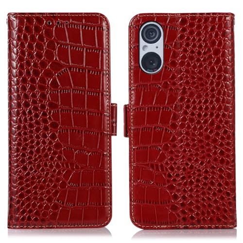 FOR Xperia 5 V ケース 手帳型 本革 ワニ柄 FOR エクスペリア 5 V 牛革 財布型 鰐柄 クロコダイル柄 耐衝撃 [RFIDブロッキング] カード収納 マグネット式ボタン 横置きスタンド機能 便利 財布型携帯 スマホケース 0386e830