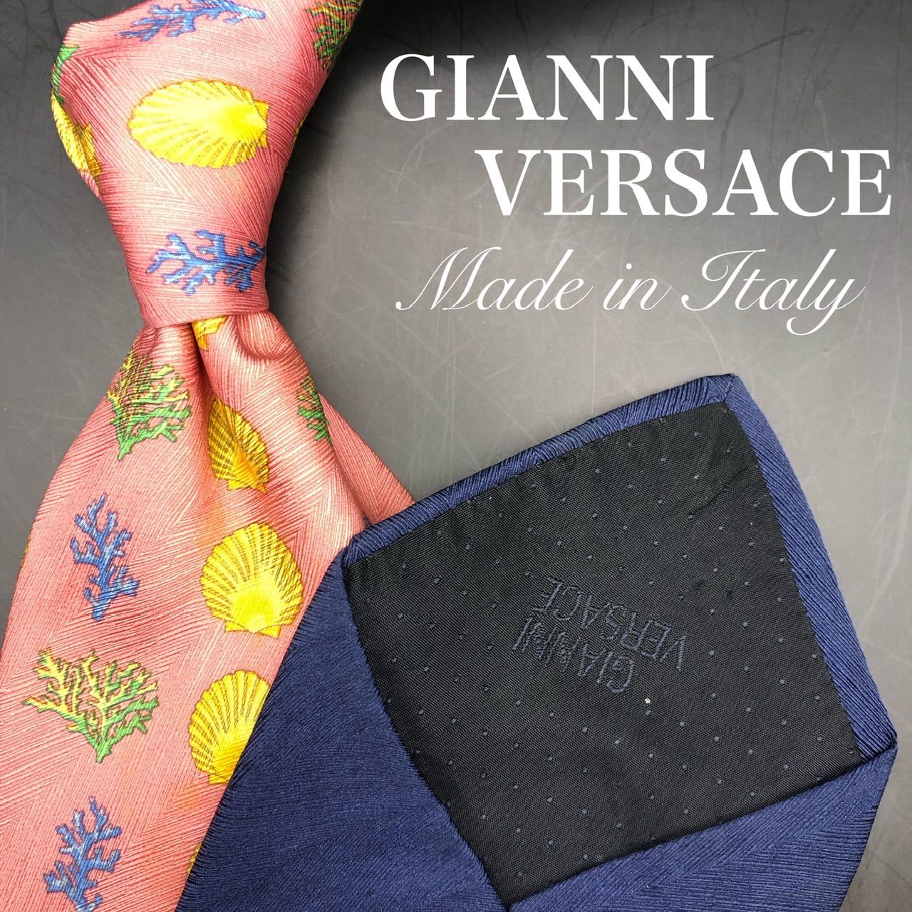 GIANNI VERSACE ネクタイ ピンク ゴールド 海洋柄 総柄 貝殻