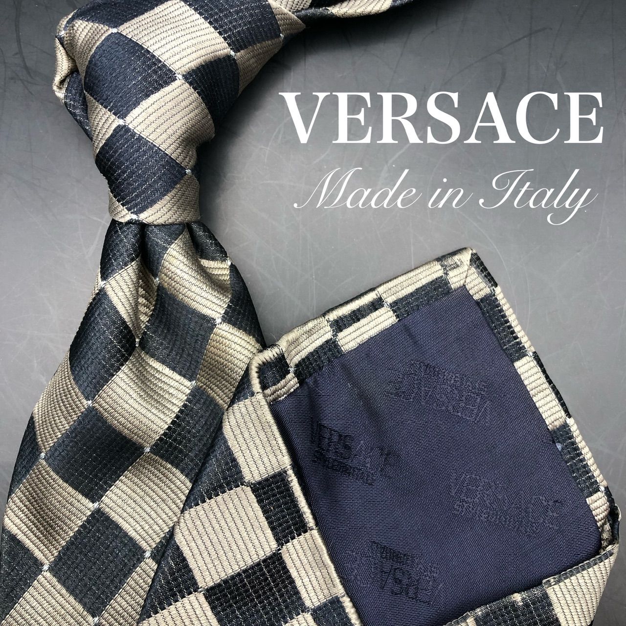 VERSACE ネクタイ ブラック ゴールド 幾何学模様 チェック柄 総柄