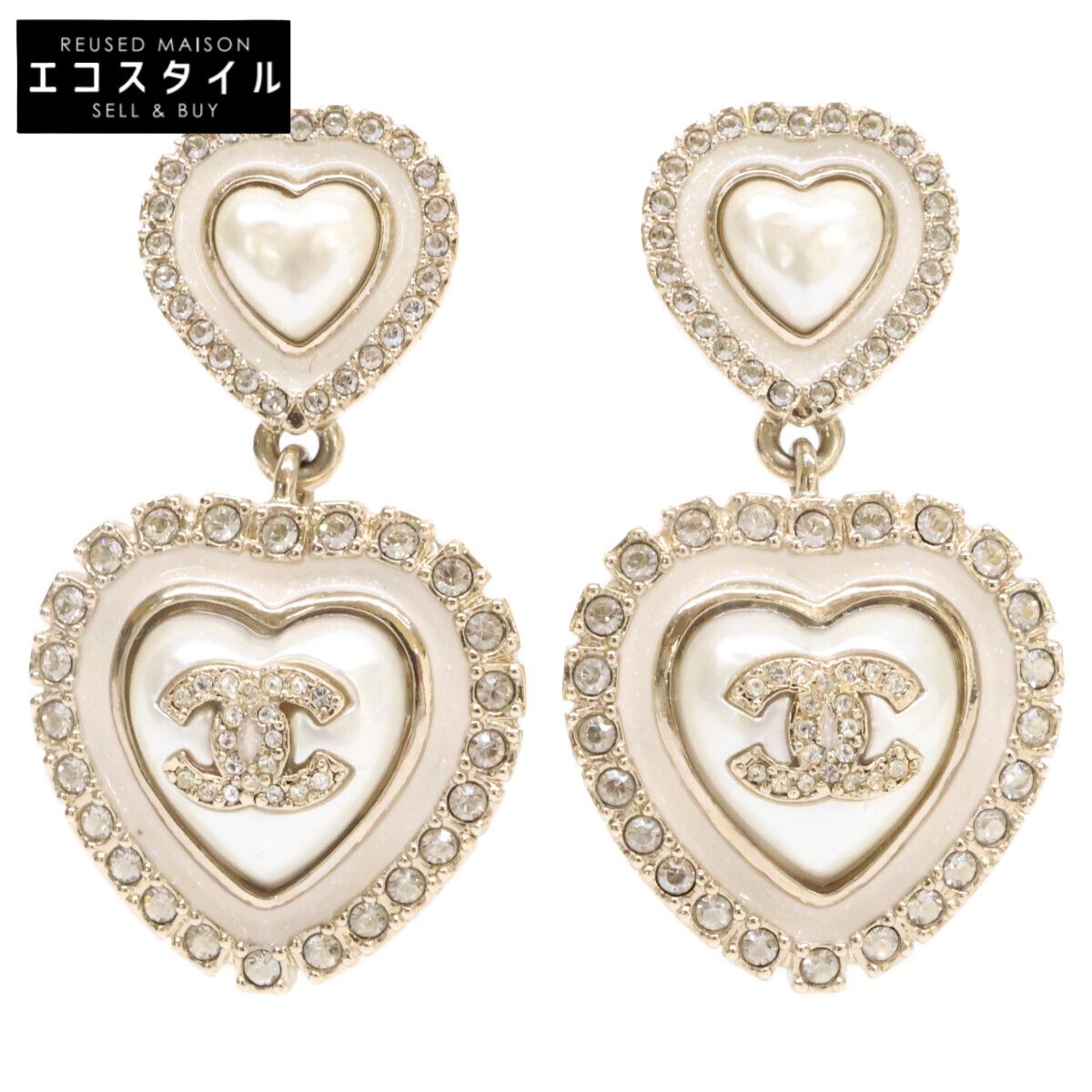 CHANEL　シャネル　C24A ラインストーン ココマーク ダブルハート パール