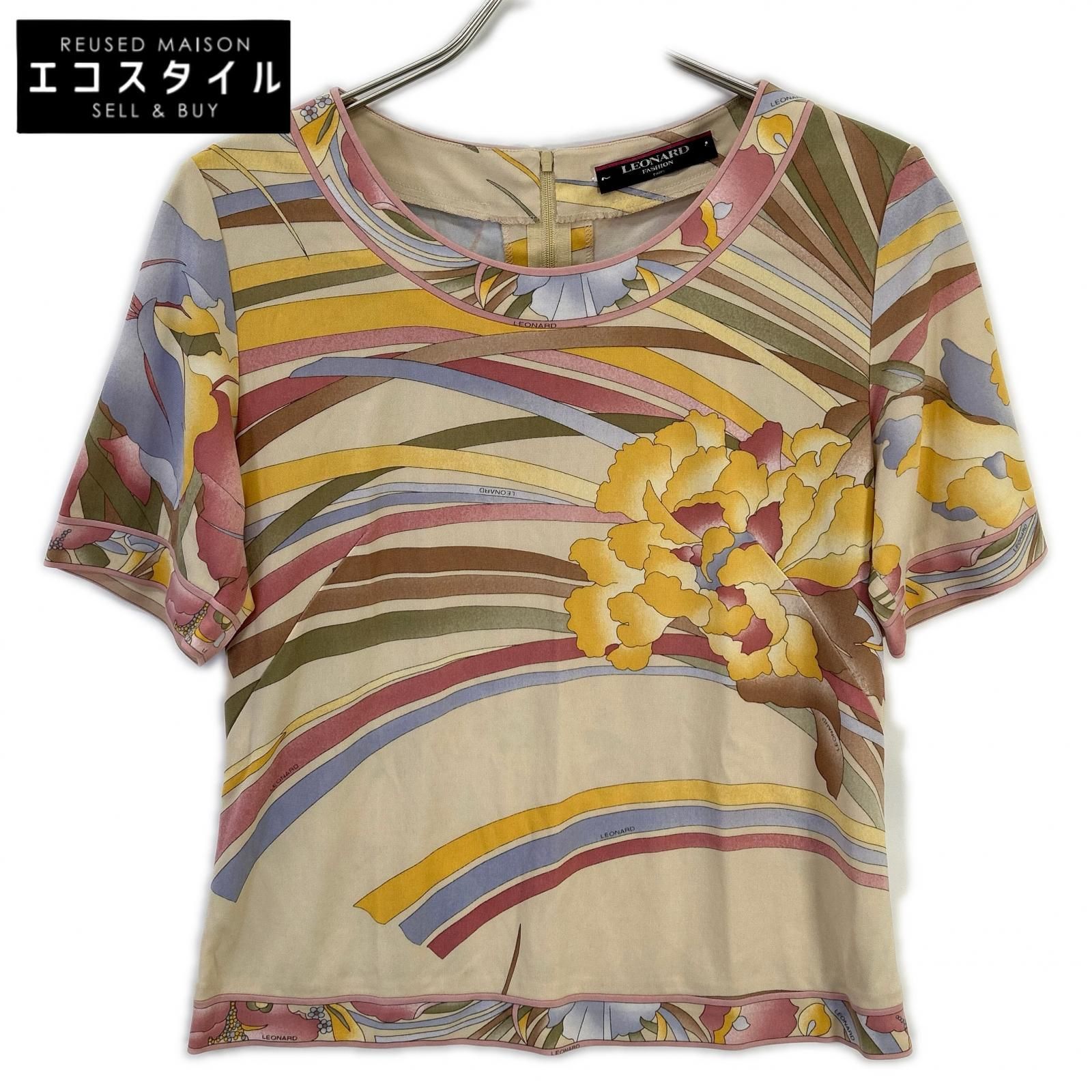 LEONARD　レオナール　ベージュ系 花柄 カンカン Tシャツ　M