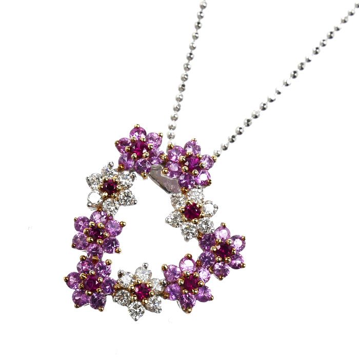 K18WG ホワイトゴールド ネックレス ルビー0.21ct サファイア0.82ct ダイヤモンド0.32ct 4.4g ～45cm フリーチェーン レディース 中古