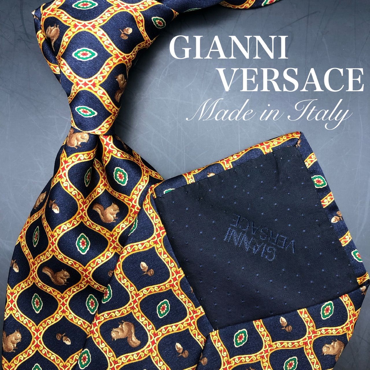 GIANNI VERSACE ネクタイ ネイビー リス 総柄 小紋柄