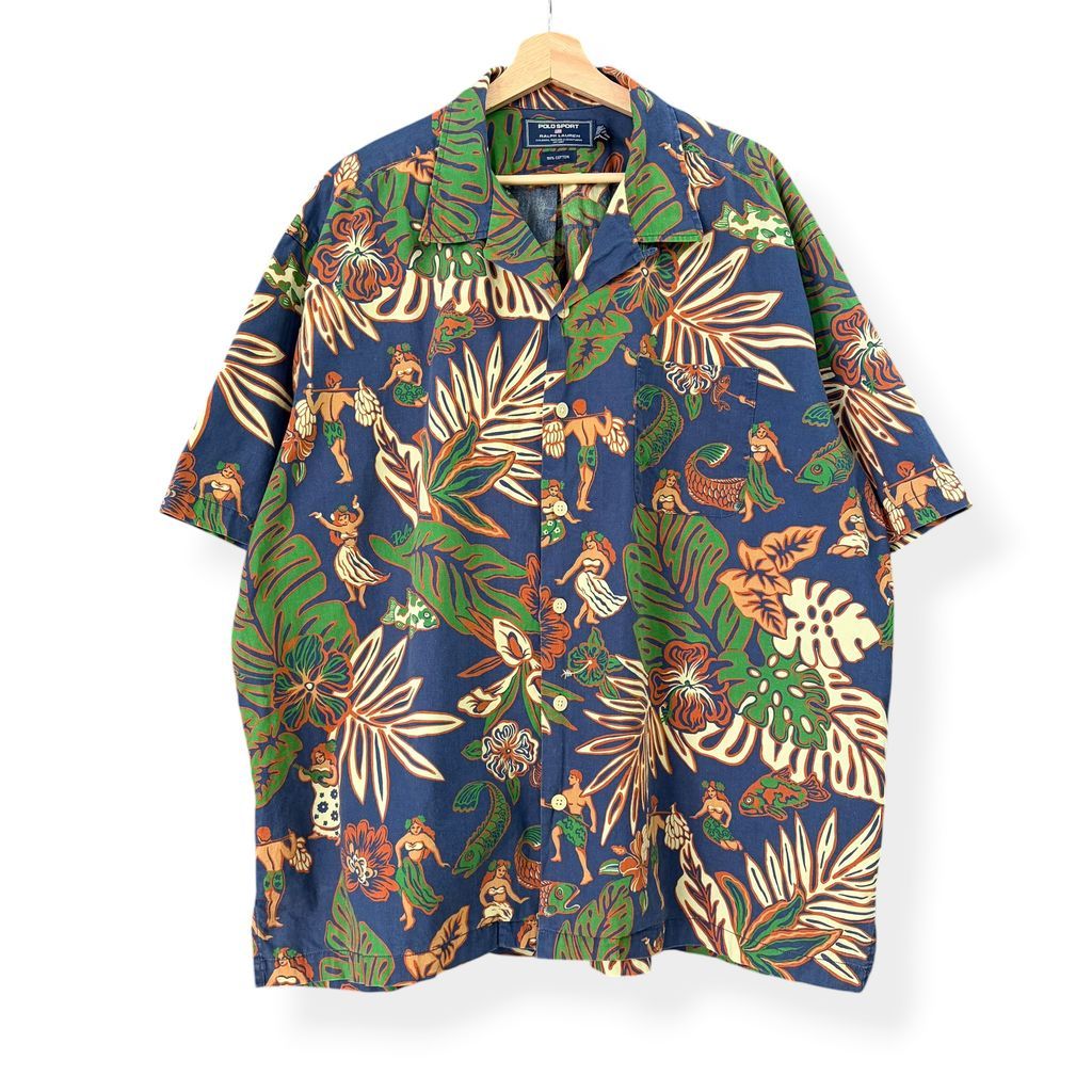 90's~ POLO SPORT ポロスポーツ Ralph Lauren ラルフローレン アロハシャツ コットン 総柄 オープンカラー 開襟 アメカジ 古着 No.A140