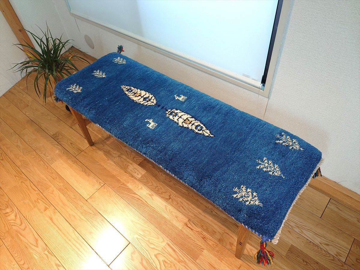 ハンドメイド　ペルシャ　ギャッベ ミニランナー　 120x42cm　青色　糸杉　RJ16269s